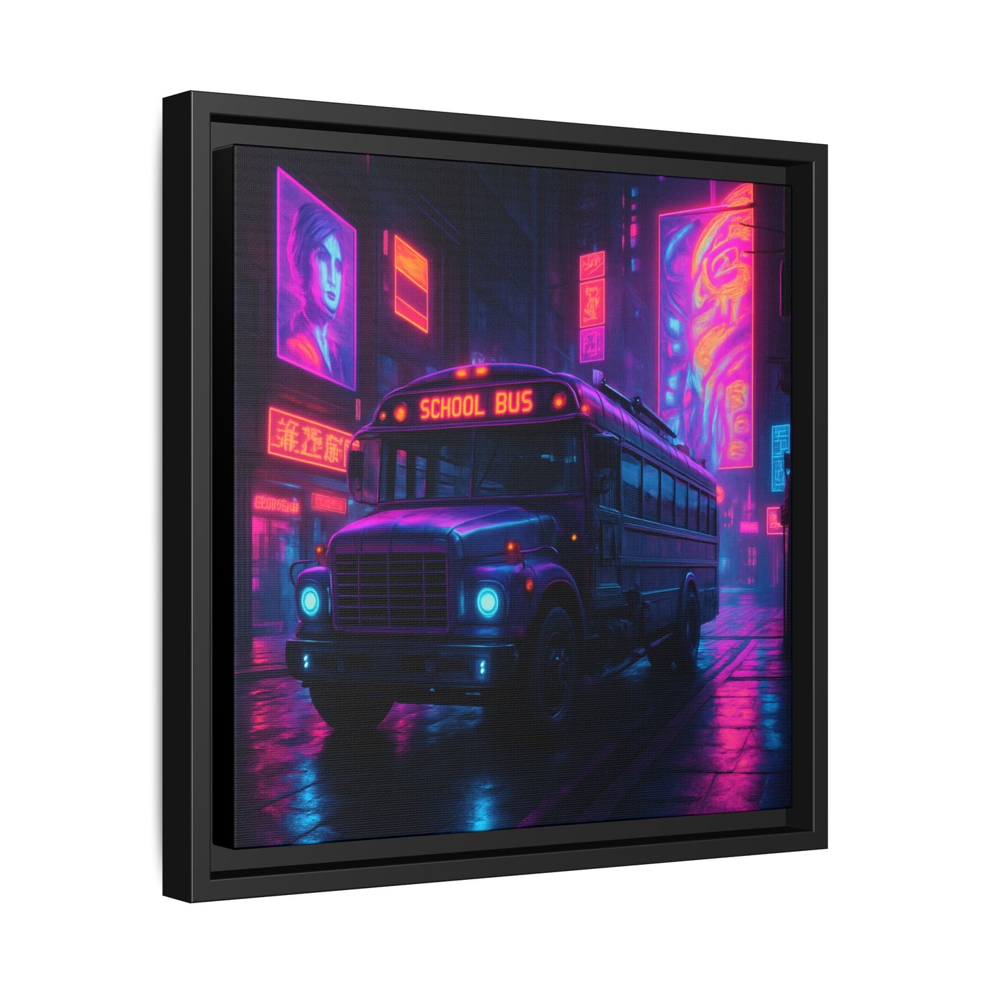 Neon School Bus City Framed Matte Canvas