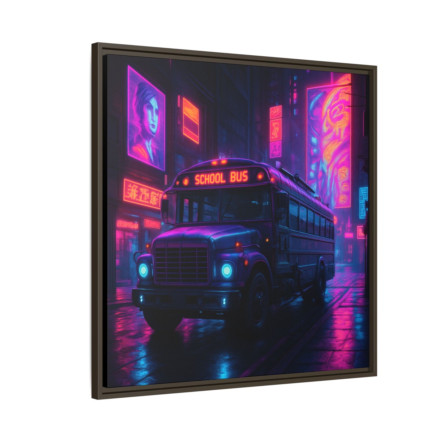 Neon School Bus City Framed Matte Canvas