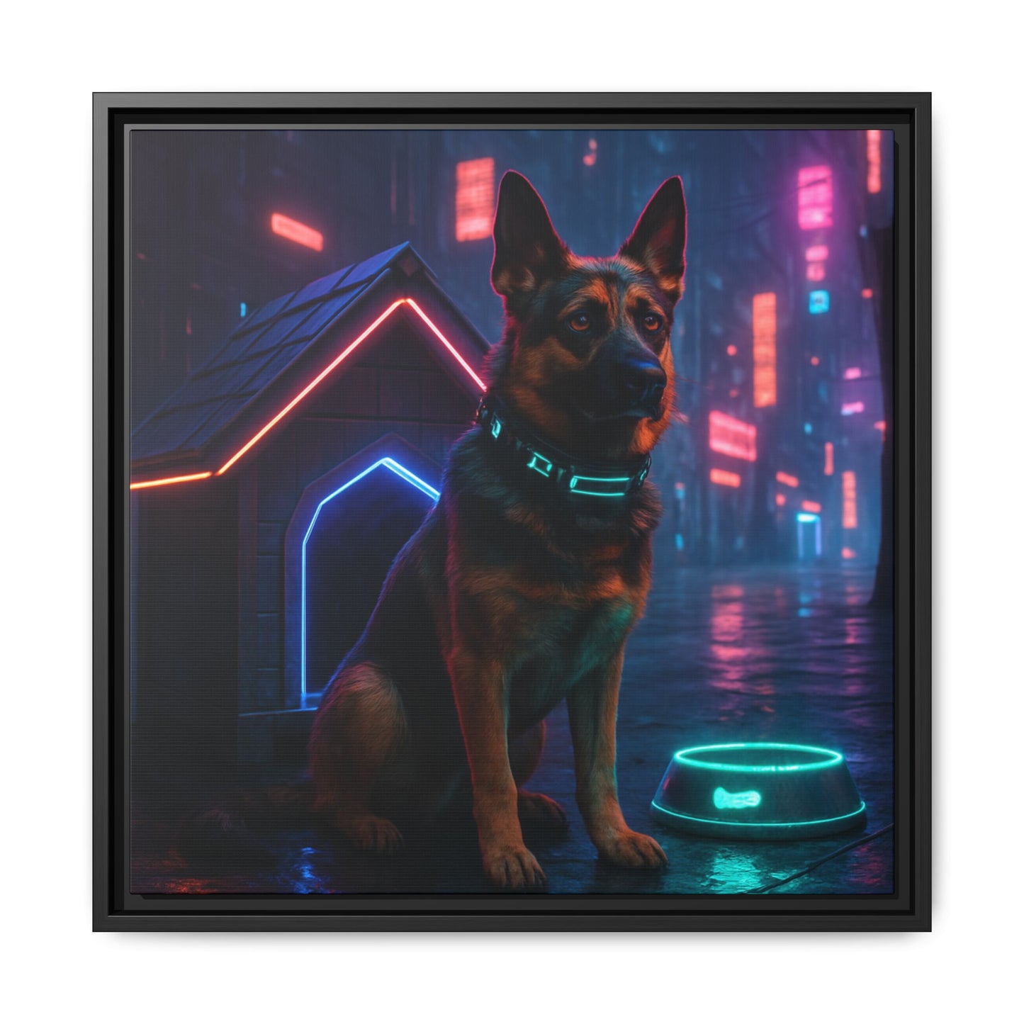 Neon City Dog Framed Matte Canvas