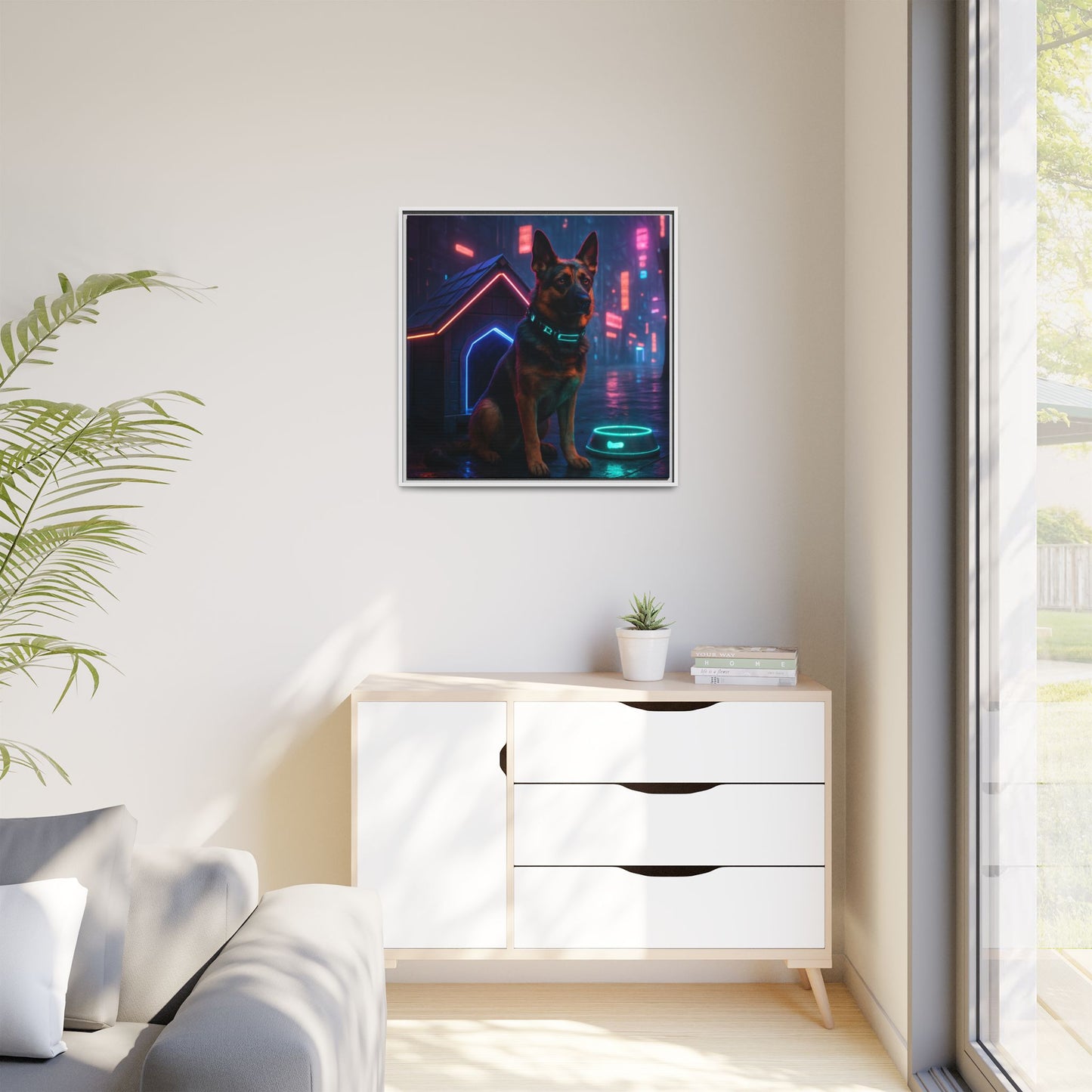 Neon City Dog Framed Matte Canvas