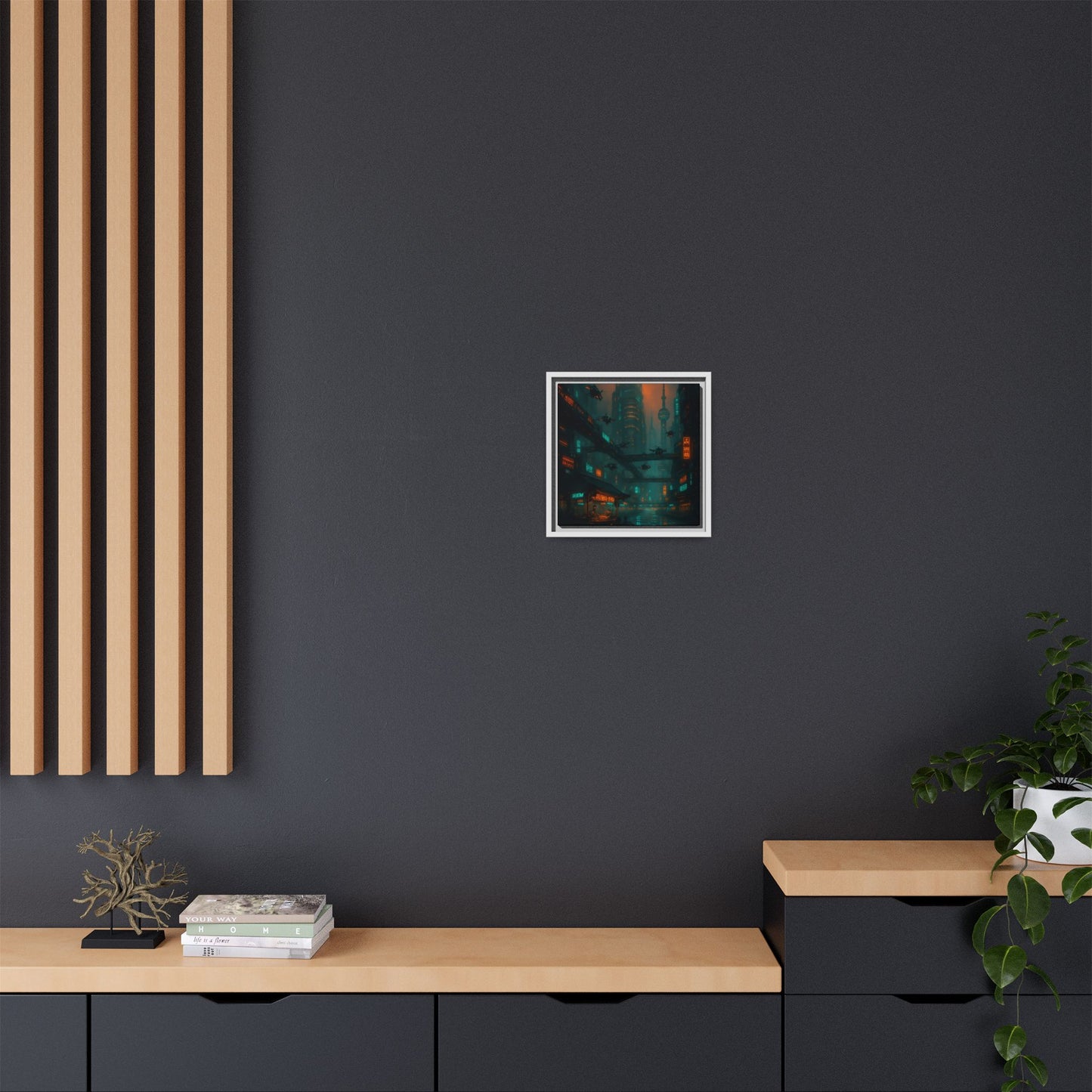 Neon Drone Cityscape Framed Matte Canvas