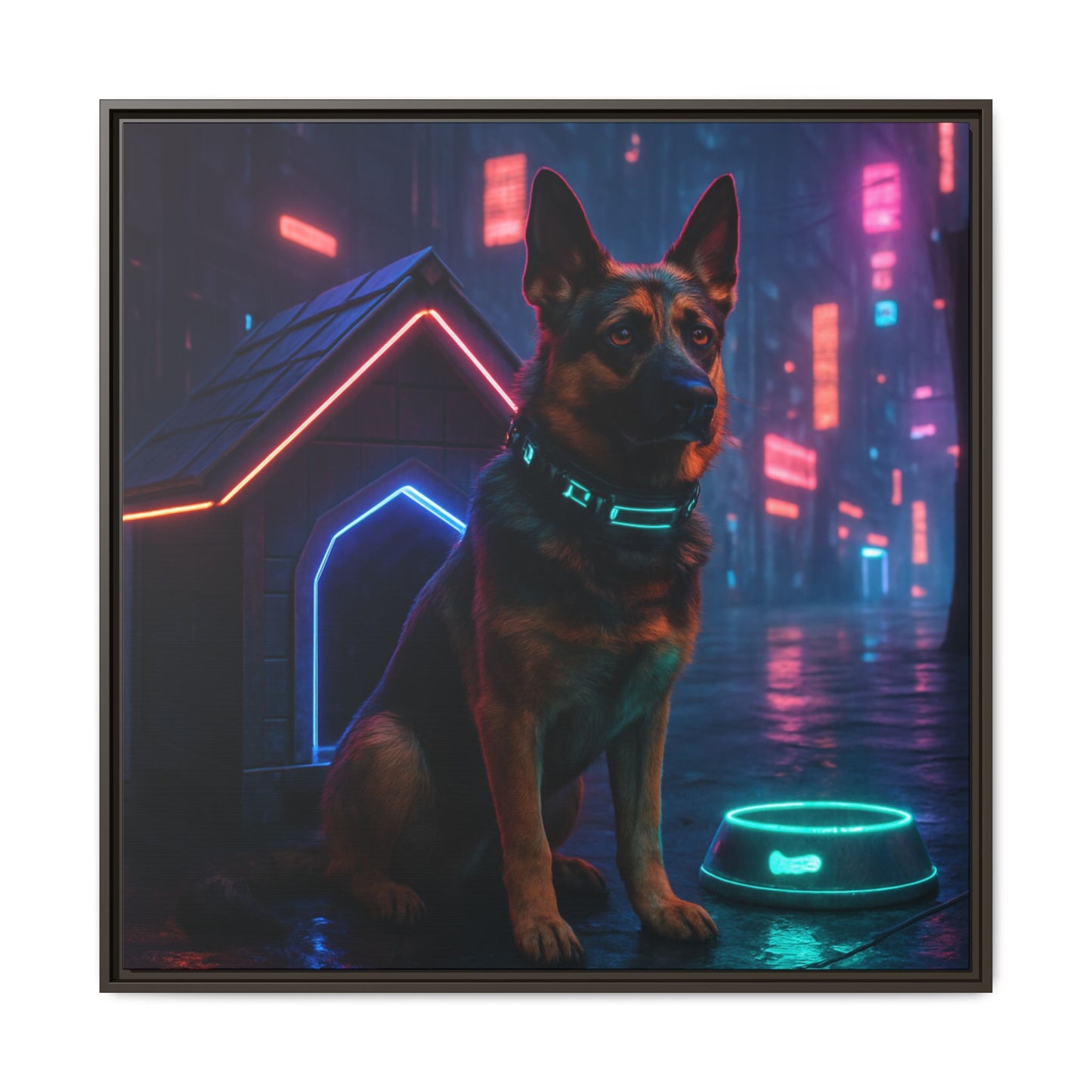Neon City Dog Framed Matte Canvas