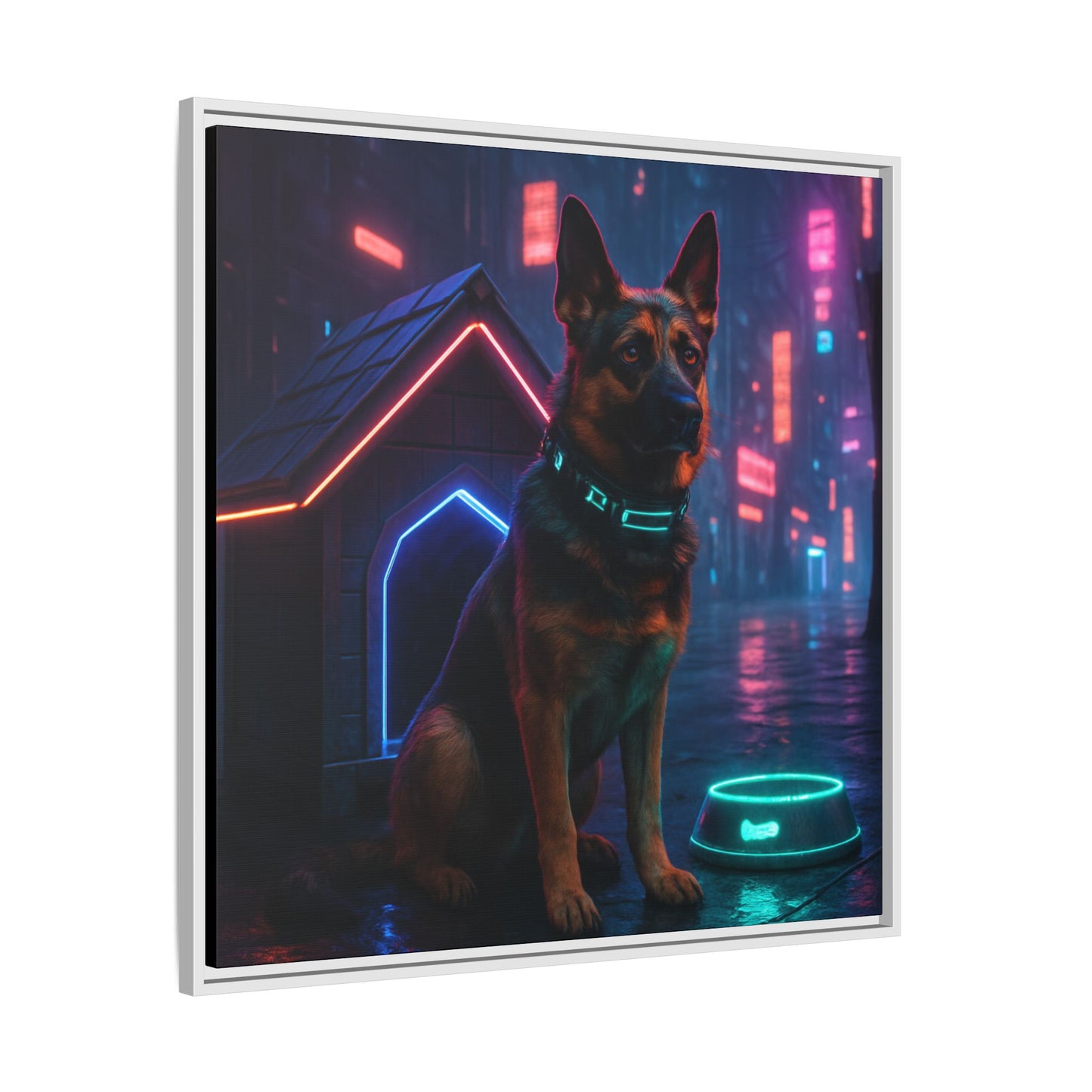 Neon City Dog Framed Matte Canvas