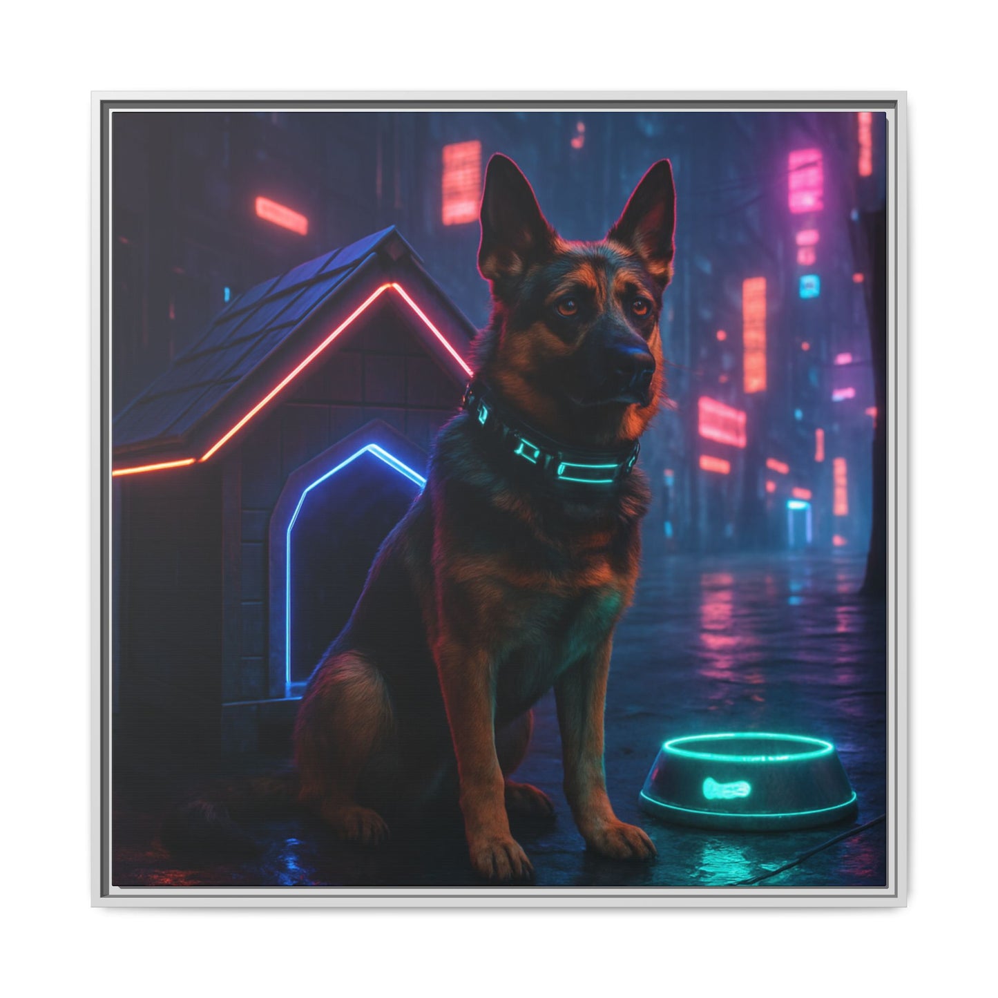 Neon City Dog Framed Matte Canvas