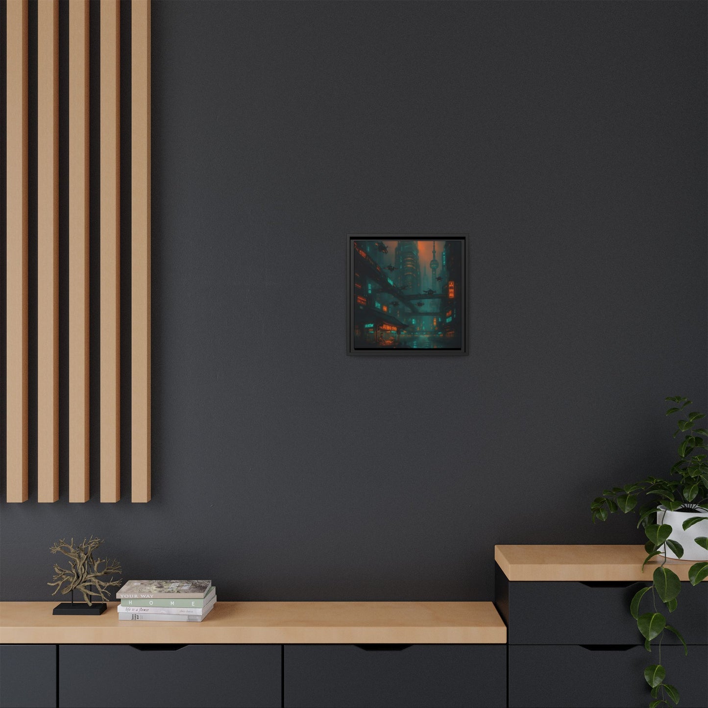 Neon Drone Cityscape Framed Matte Canvas