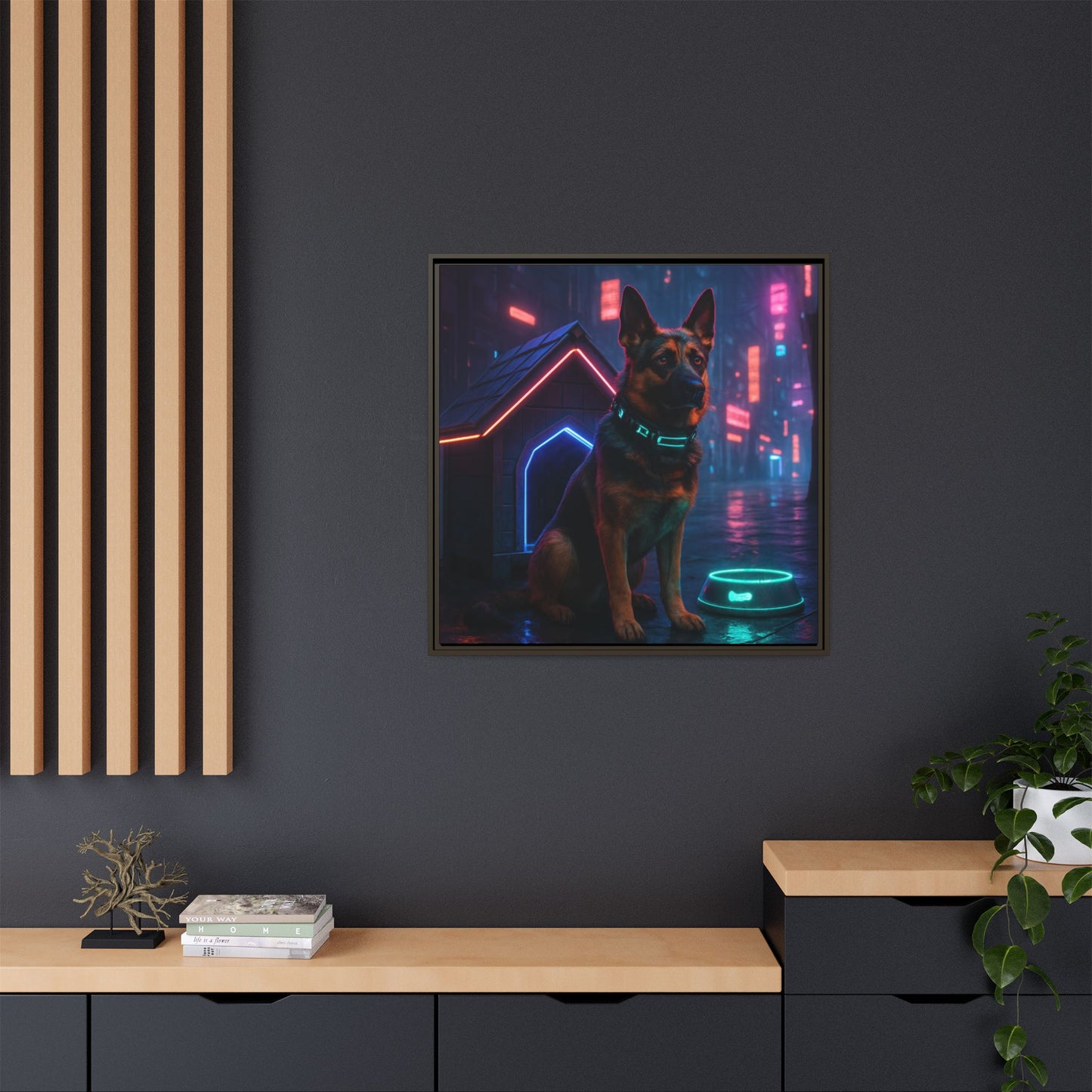 Neon City Dog Framed Matte Canvas