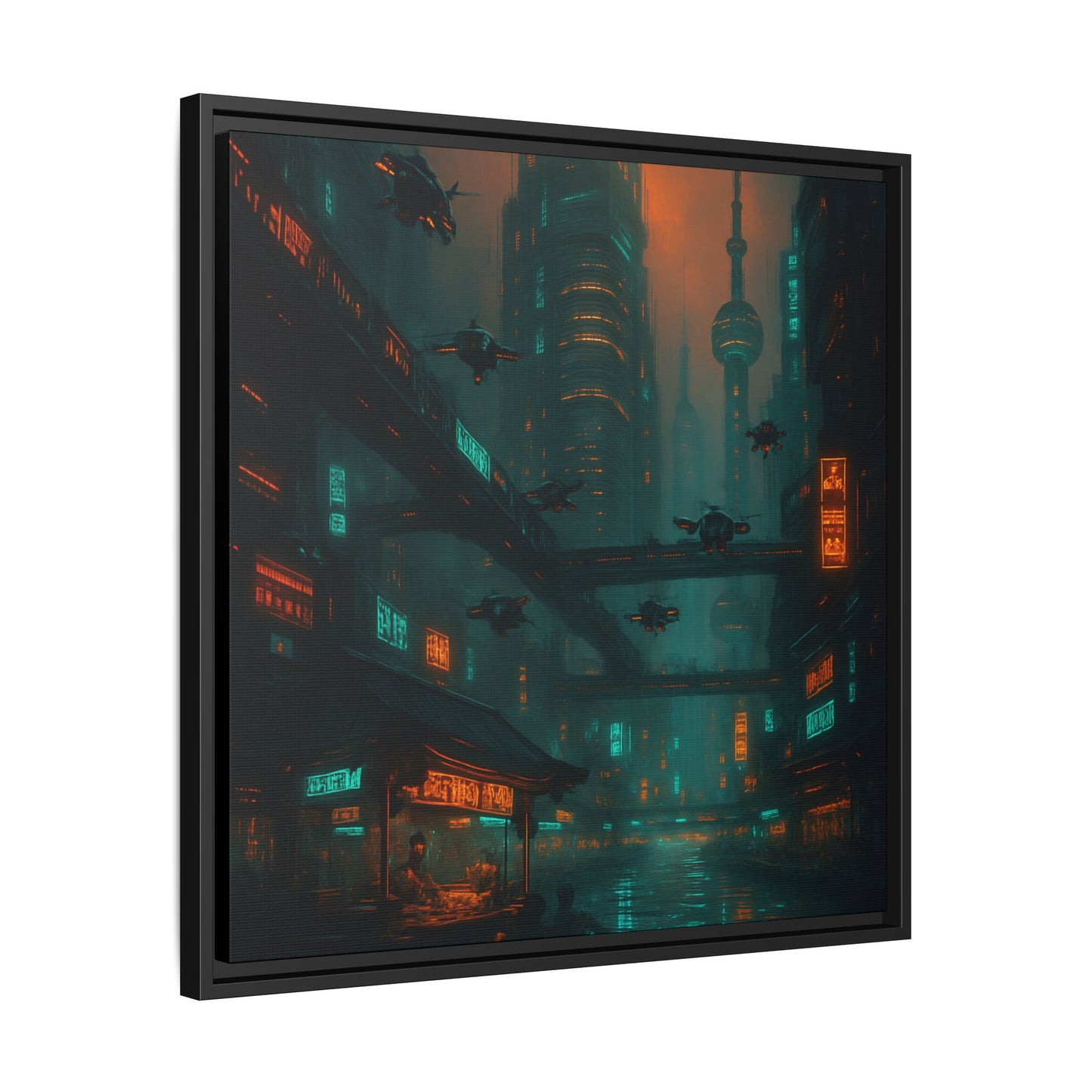 Neon Drone Cityscape Framed Matte Canvas