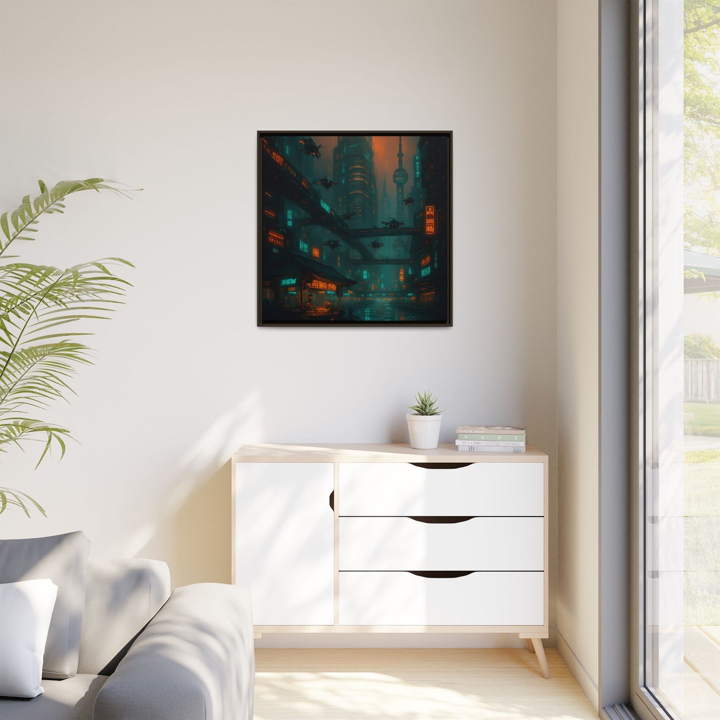 Neon Drone Cityscape Framed Matte Canvas