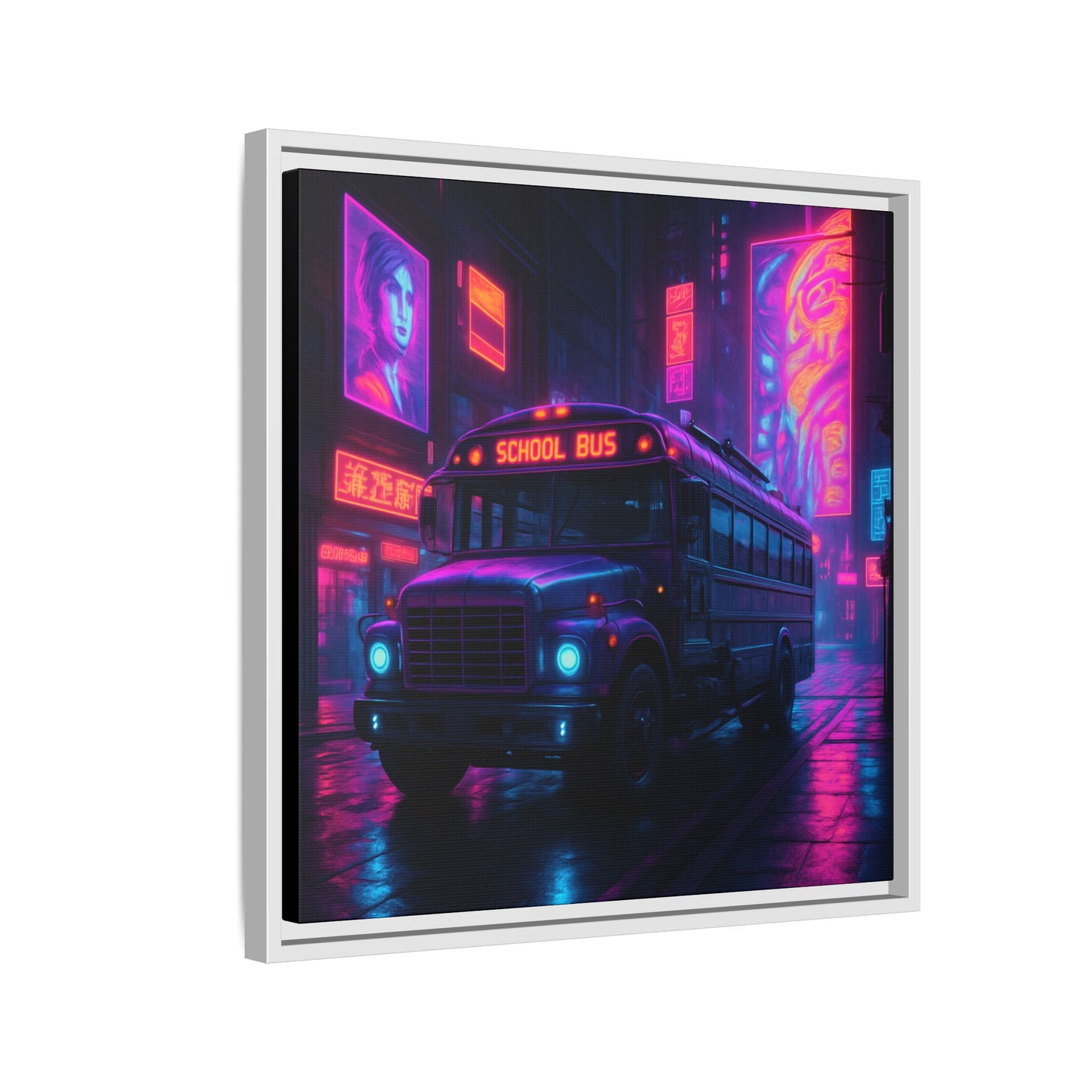 Neon School Bus City Framed Matte Canvas