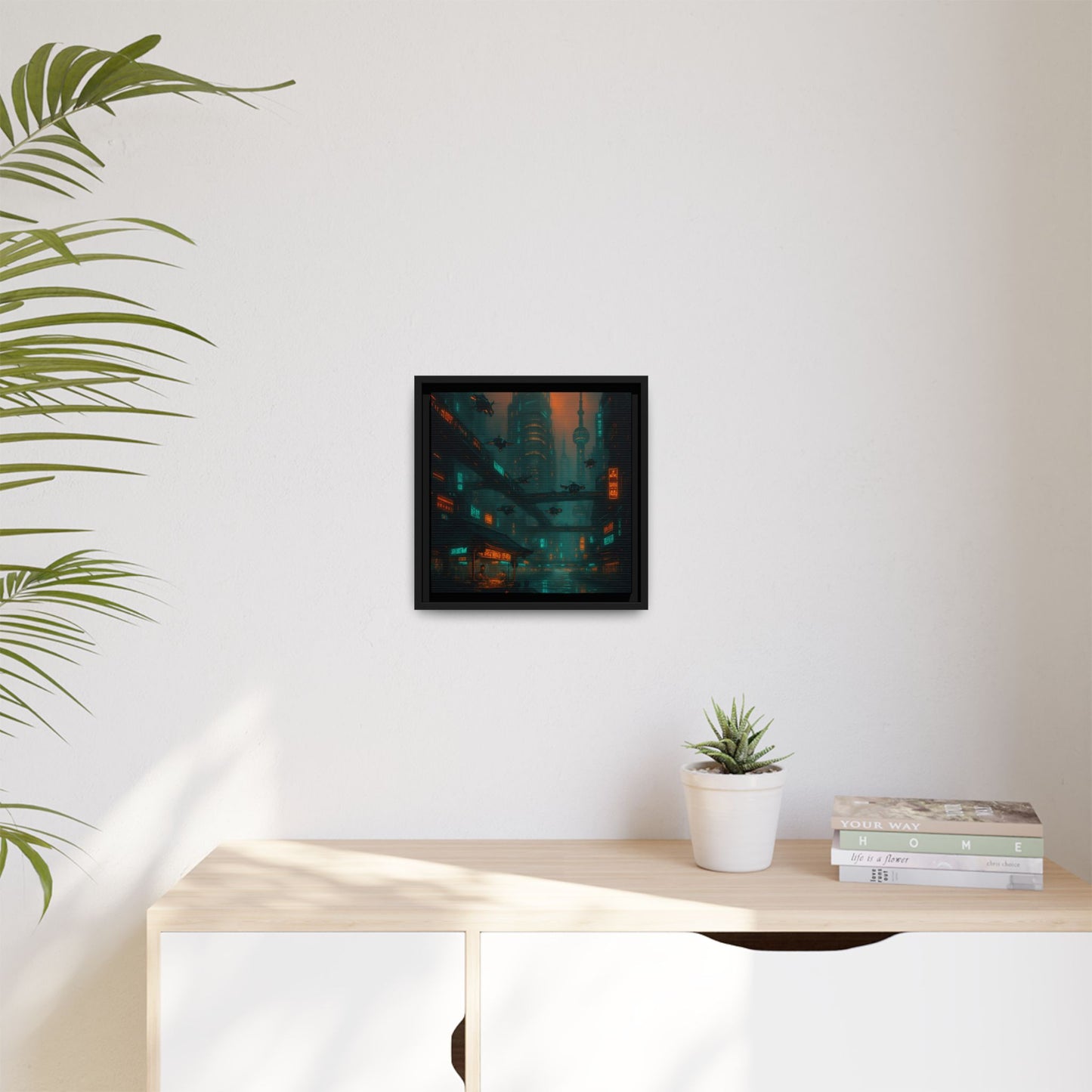Neon Drone Cityscape Framed Matte Canvas