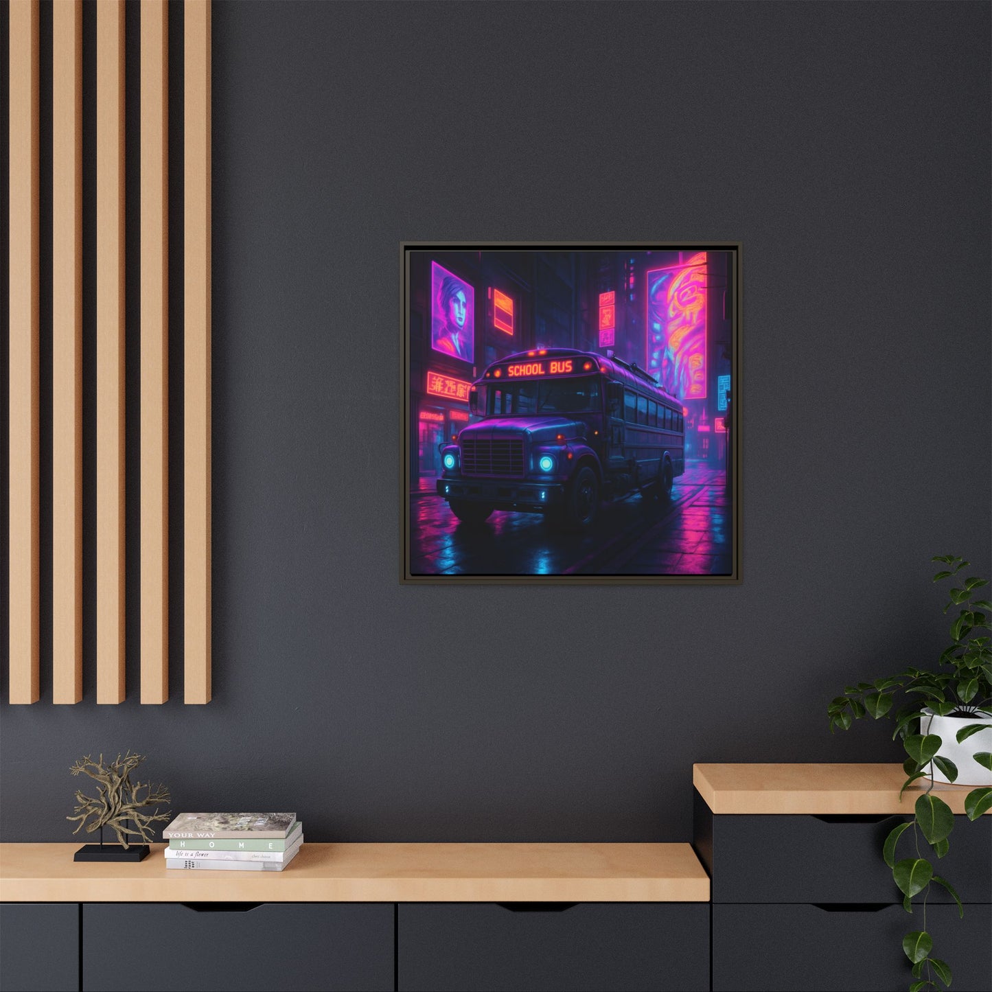 Neon School Bus City Framed Matte Canvas