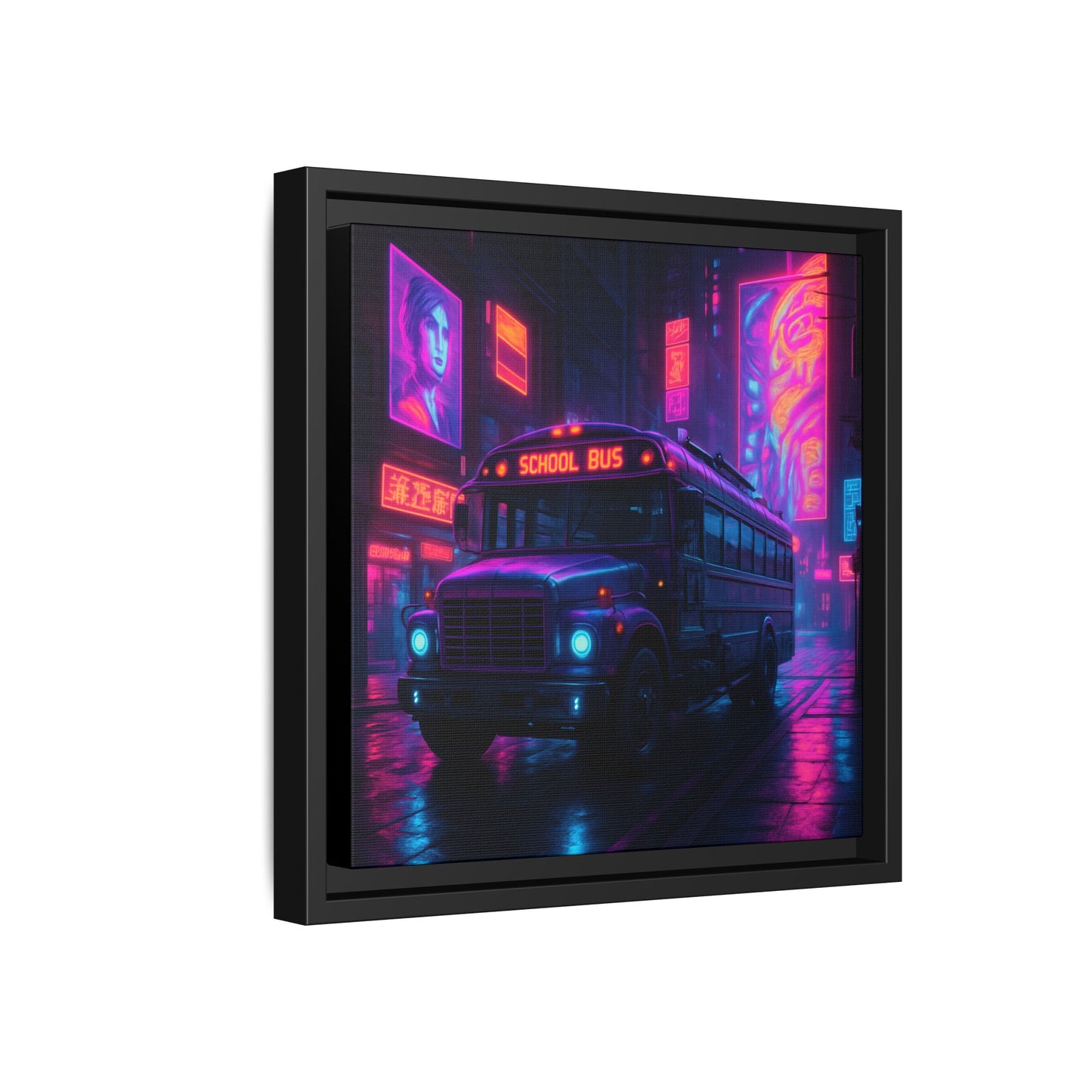 Neon School Bus City Framed Matte Canvas