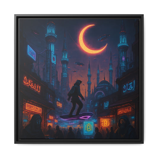 Neon Crescent Bazaar Framed Matte Canvas