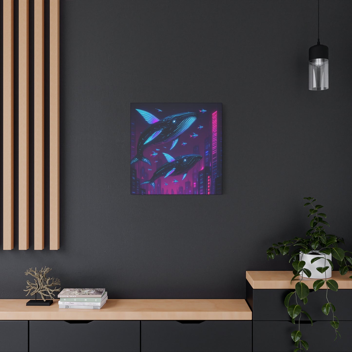 Neon Skyline Whales Matte Canvas