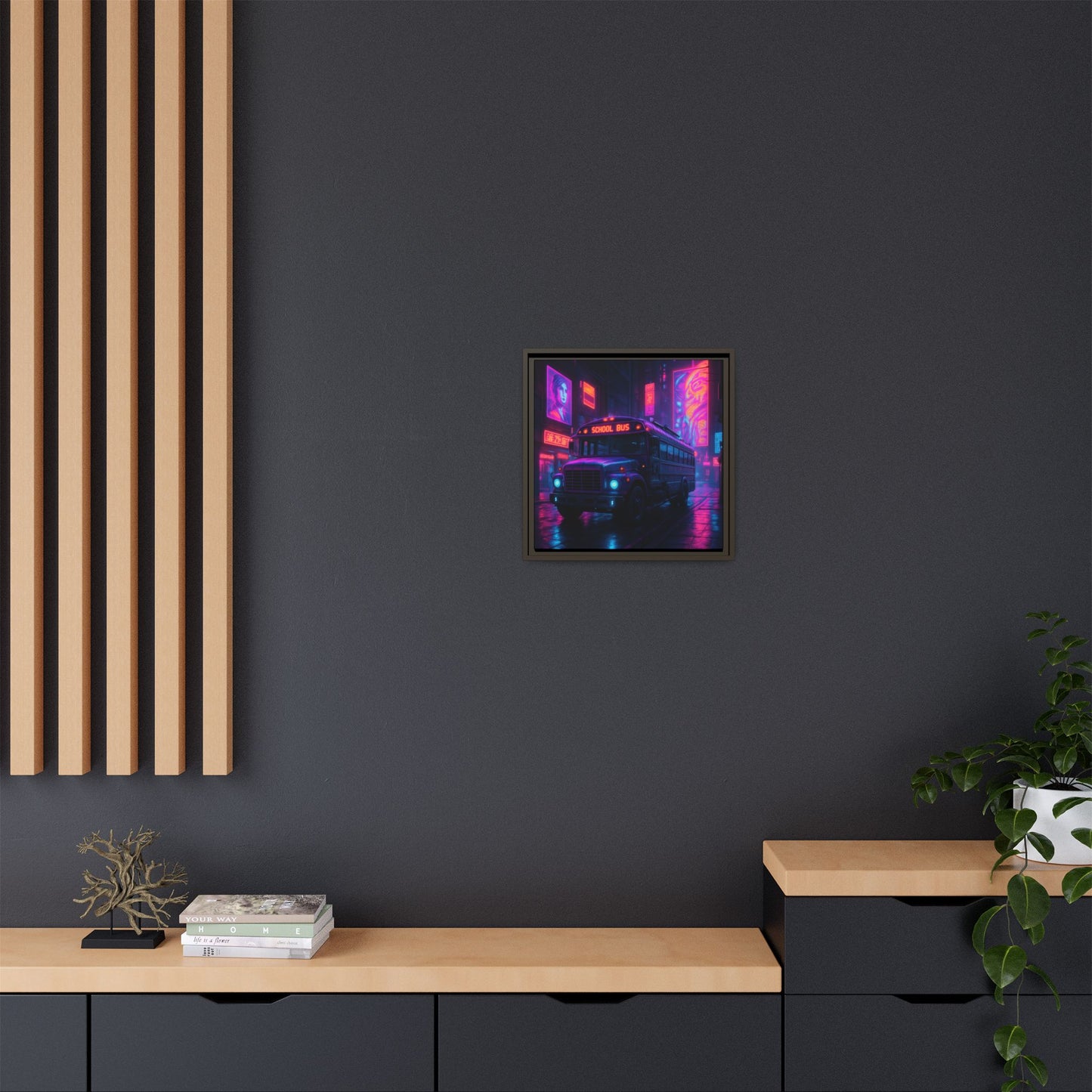 Neon School Bus City Framed Matte Canvas