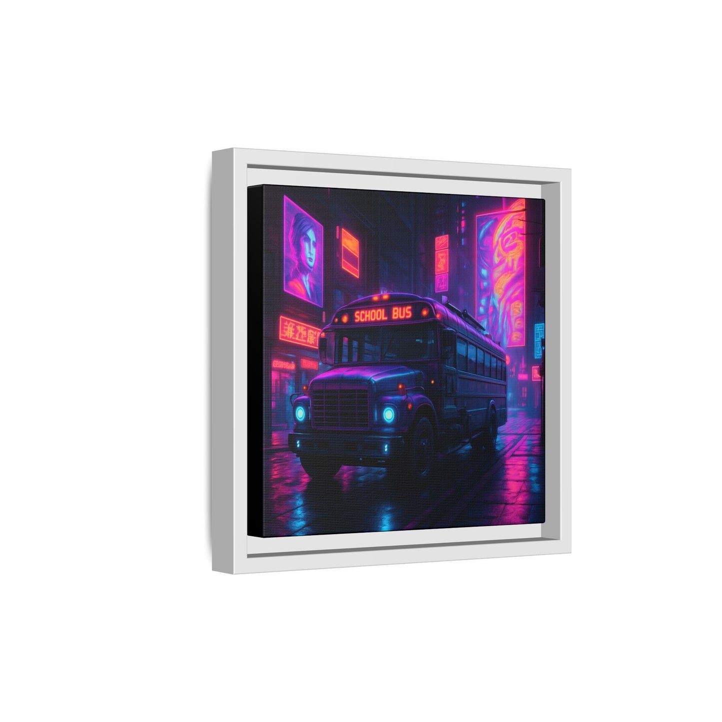 Neon School Bus City Framed Matte Canvas