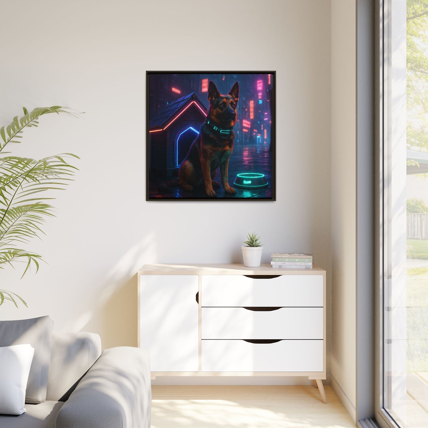 Neon City Dog Framed Matte Canvas