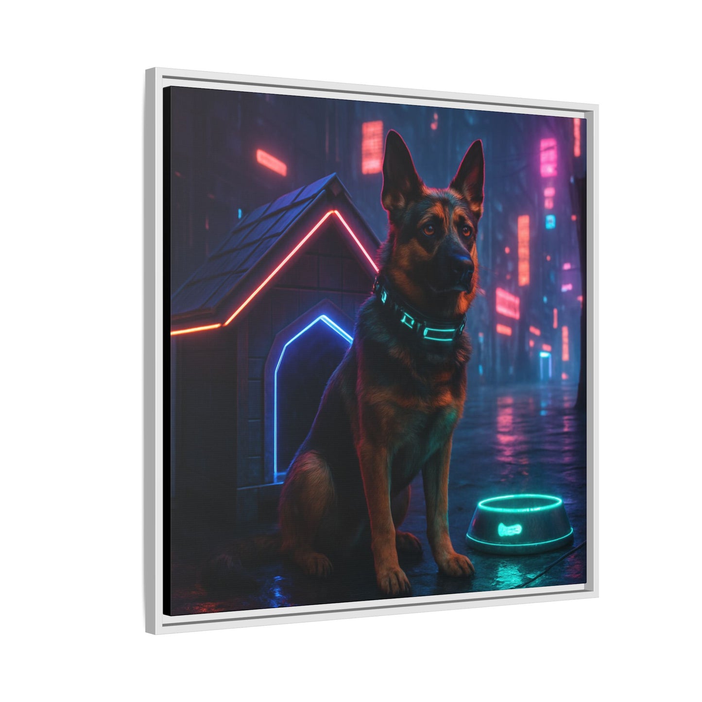 Neon City Dog Framed Matte Canvas