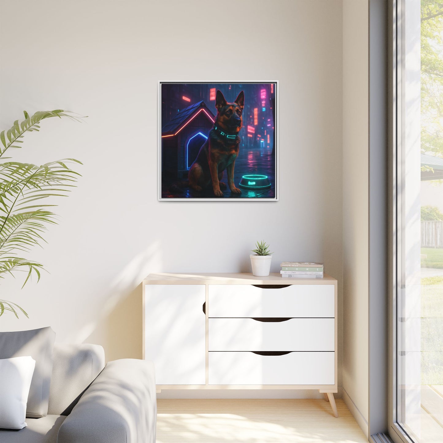 Neon City Dog Framed Matte Canvas