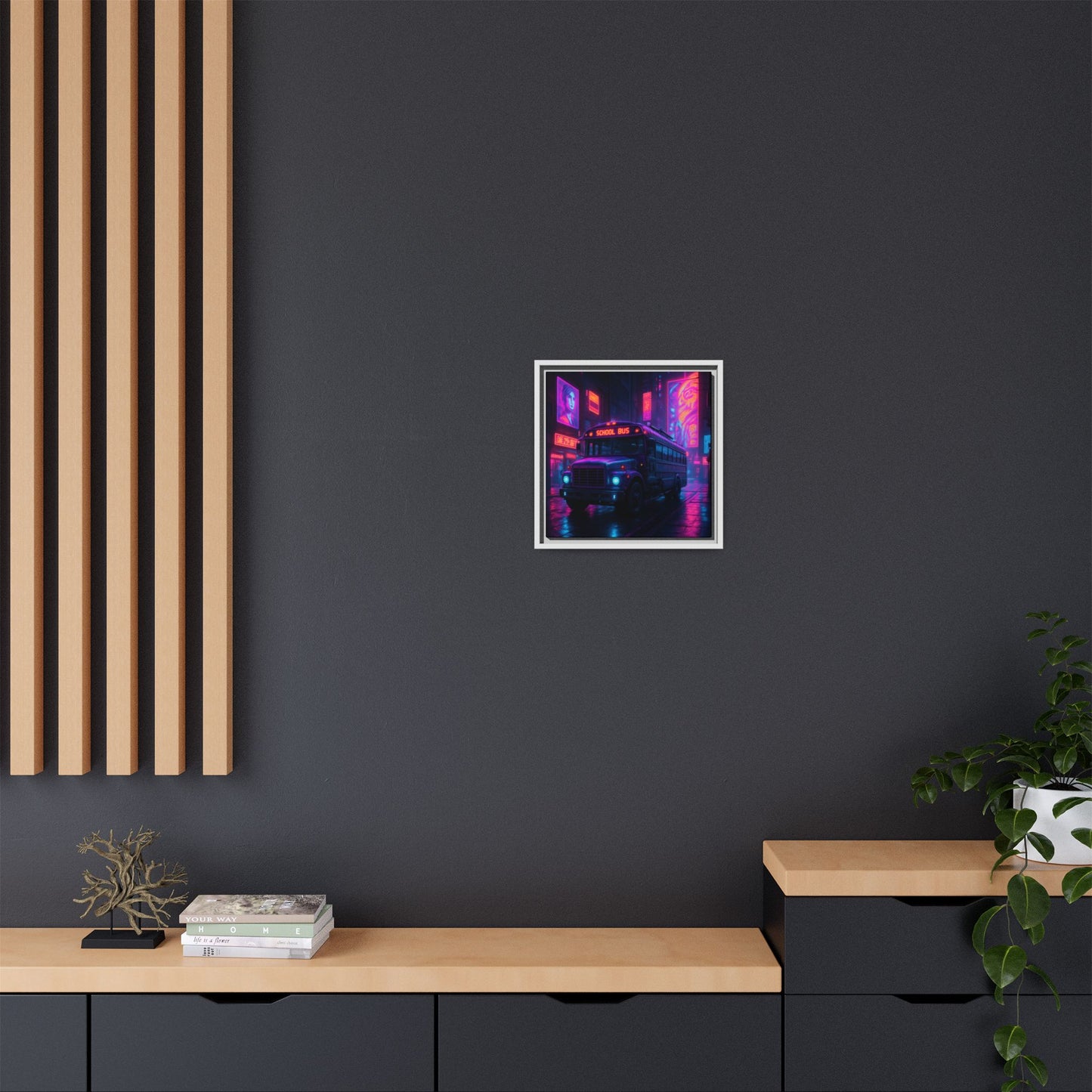 Neon School Bus City Framed Matte Canvas