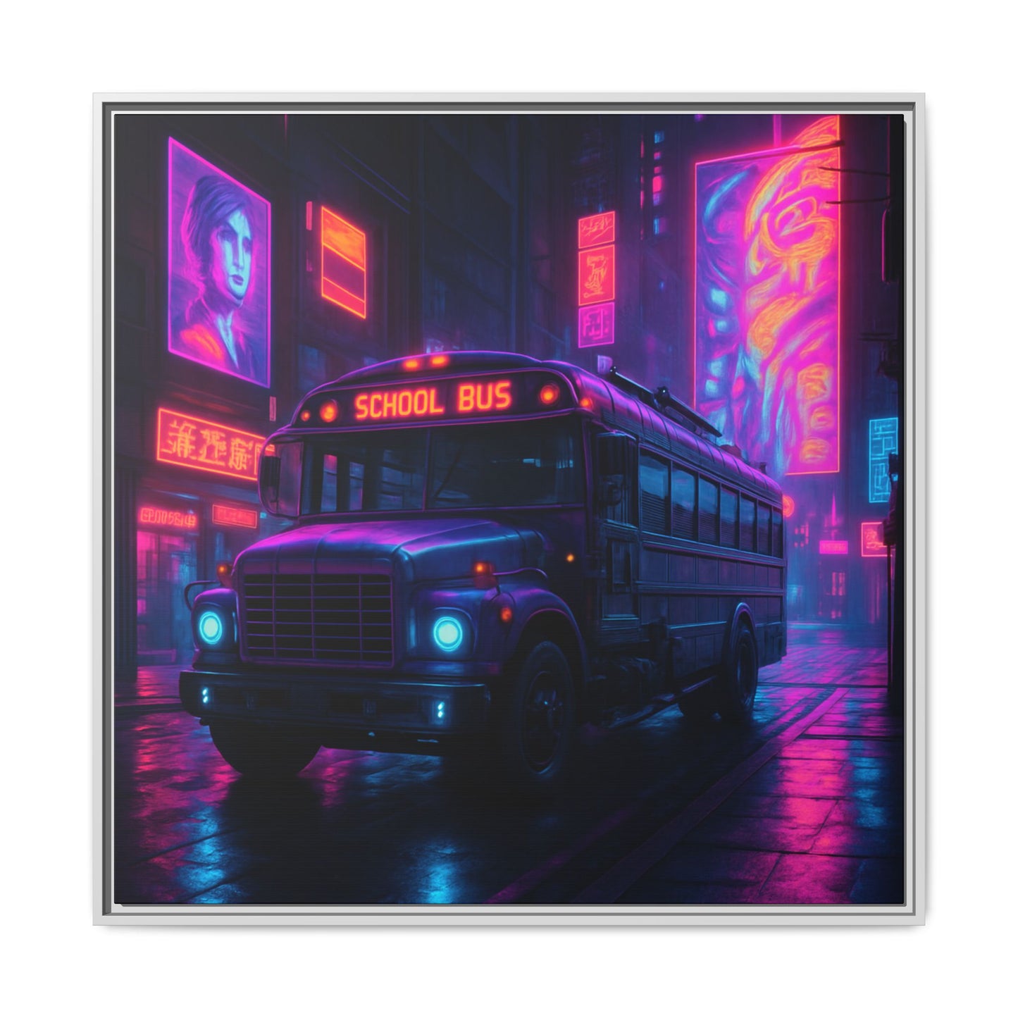 Neon School Bus City Framed Matte Canvas