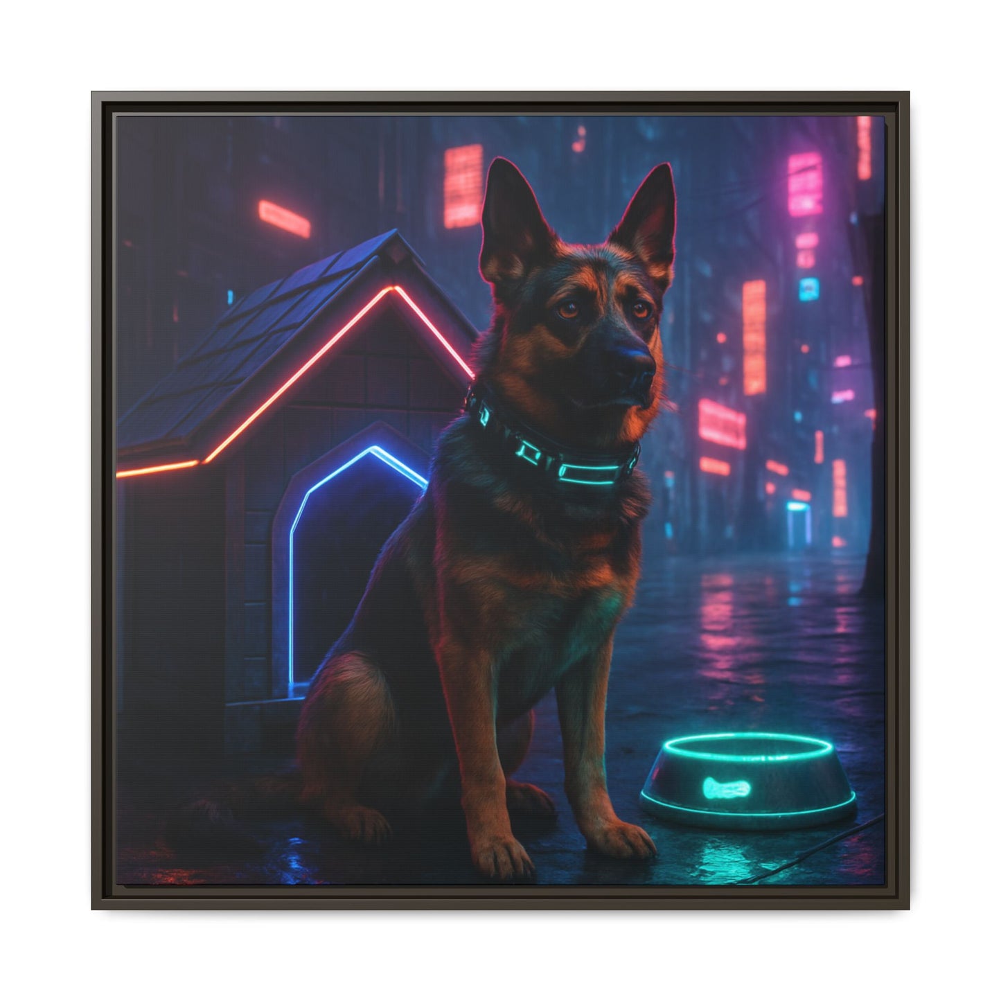 Neon City Dog Framed Matte Canvas