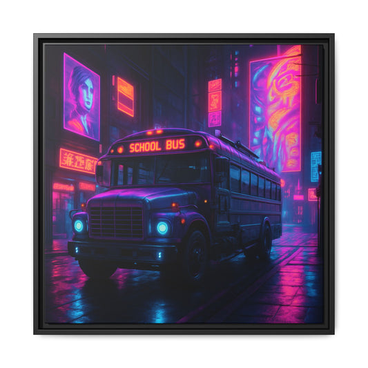 Neon School Bus City Framed Matte Canvas