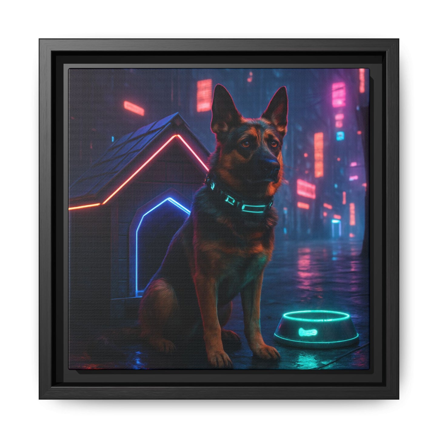 Neon City Dog Framed Matte Canvas