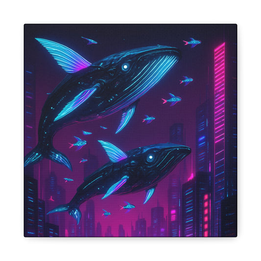 Neon Skyline Whales Matte Canvas