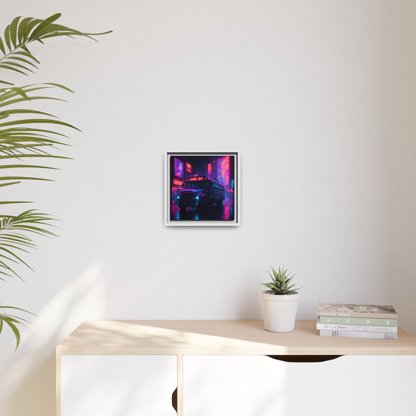 Neon School Bus City Framed Matte Canvas