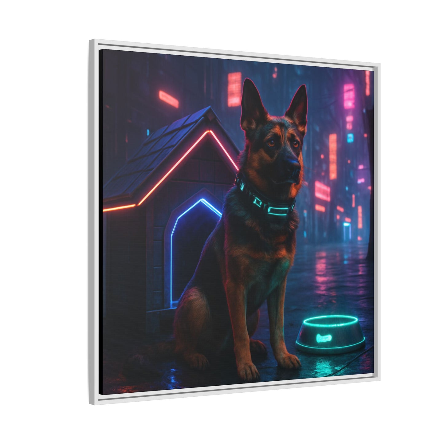 Neon City Dog Framed Matte Canvas