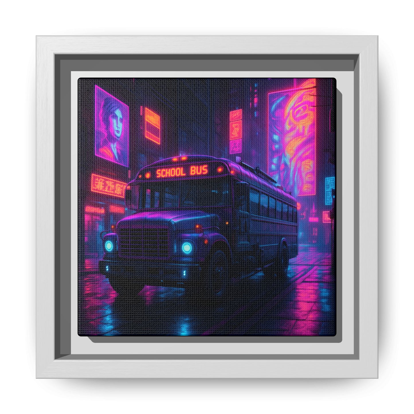 Neon School Bus City Framed Matte Canvas