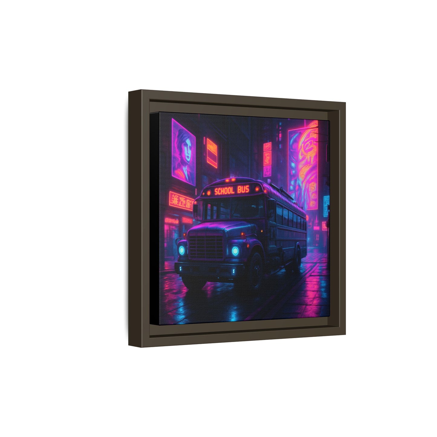 Neon School Bus City Framed Matte Canvas