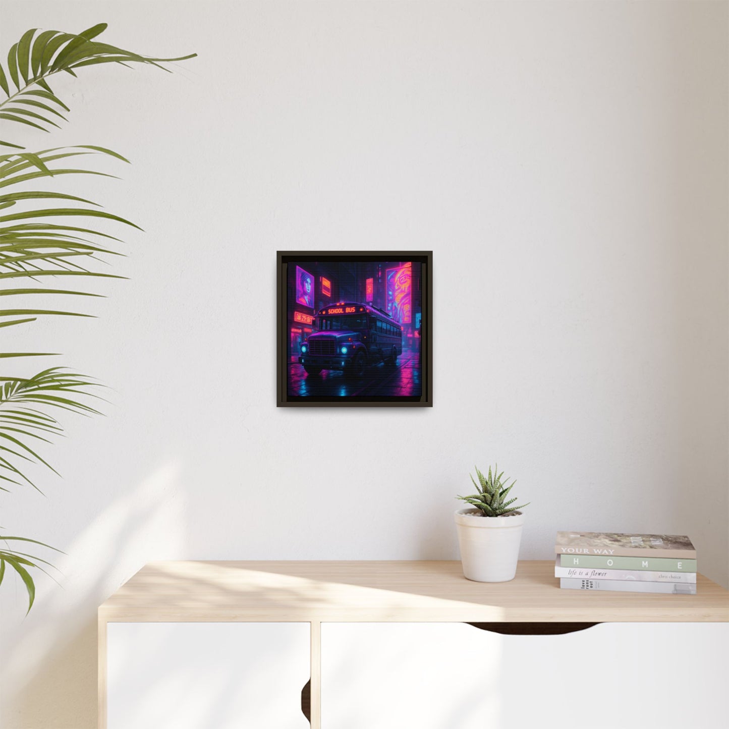 Neon School Bus City Framed Matte Canvas