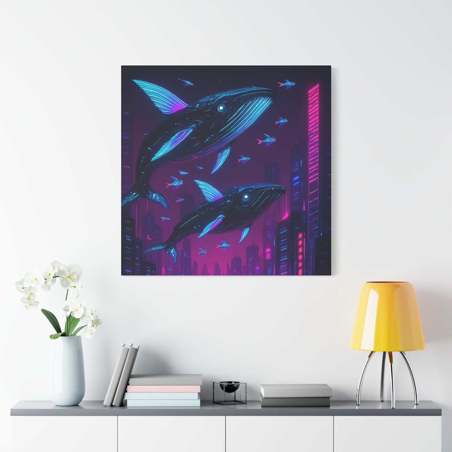 Neon Skyline Whales Matte Canvas