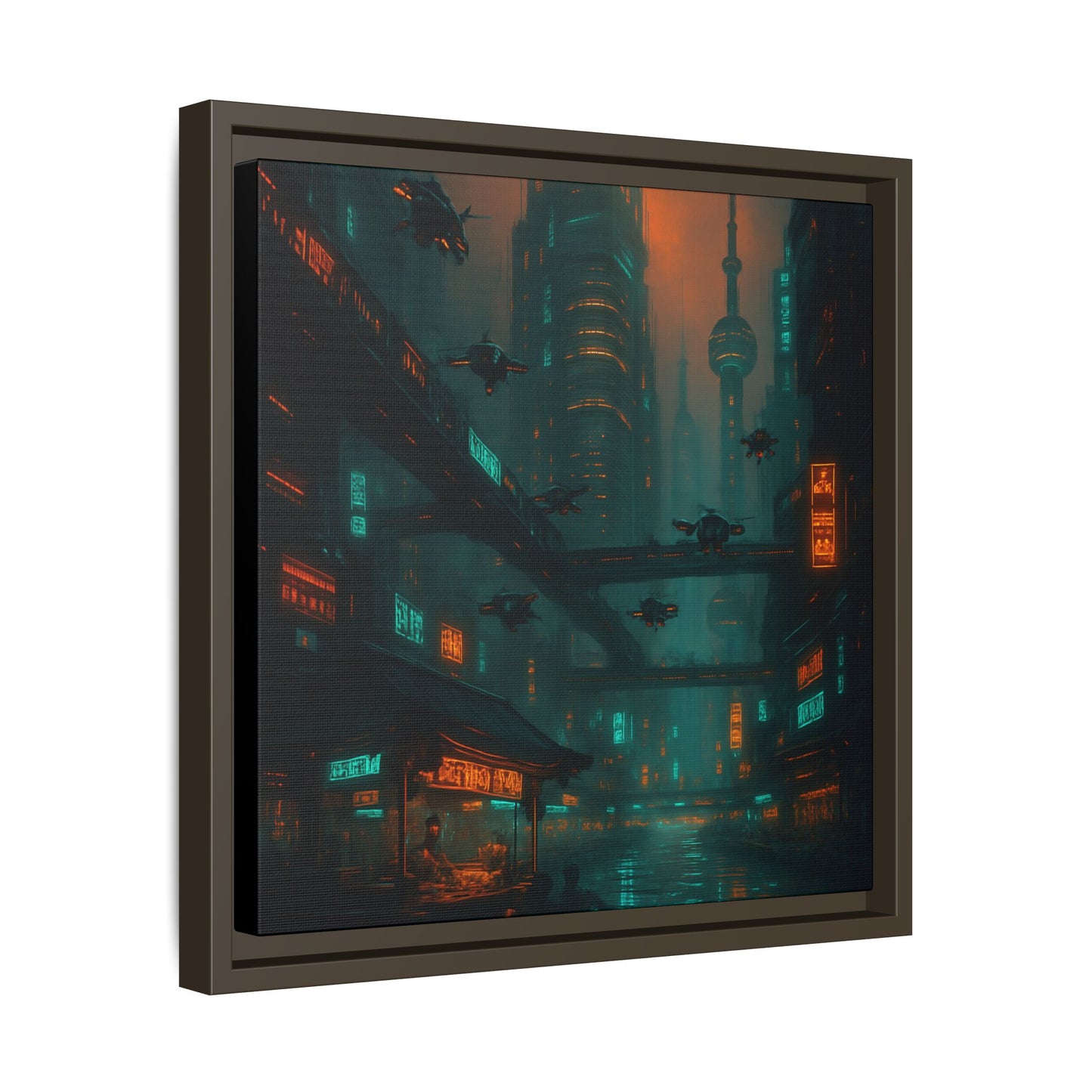 Neon Drone Cityscape Framed Matte Canvas