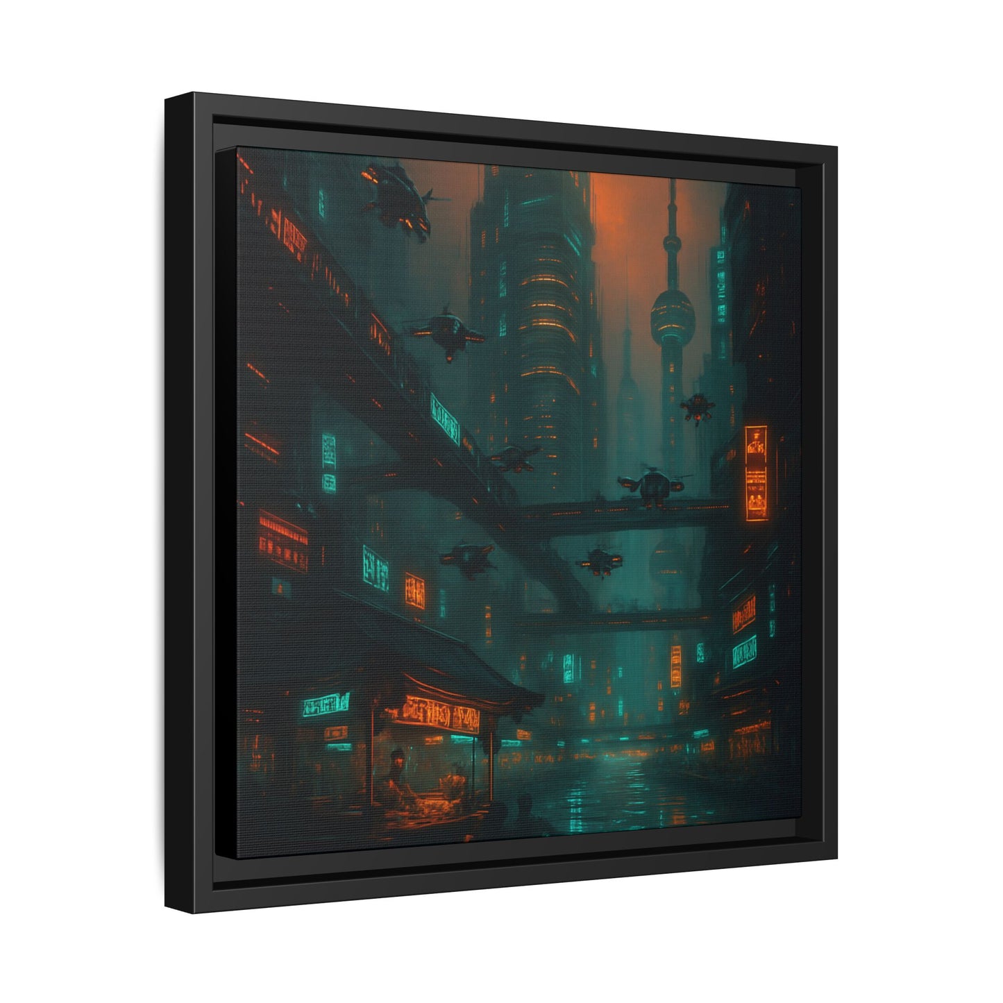 Neon Drone Cityscape Framed Matte Canvas