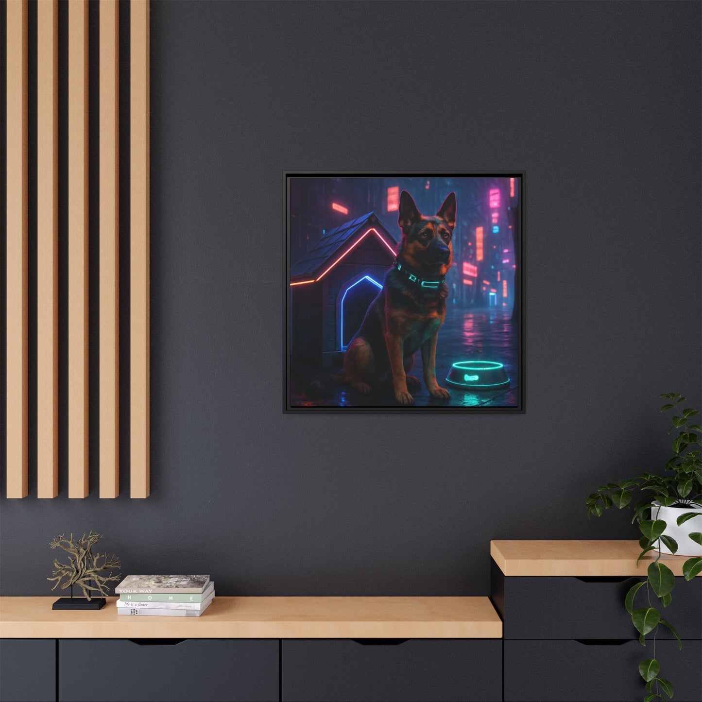 Neon City Dog Framed Matte Canvas
