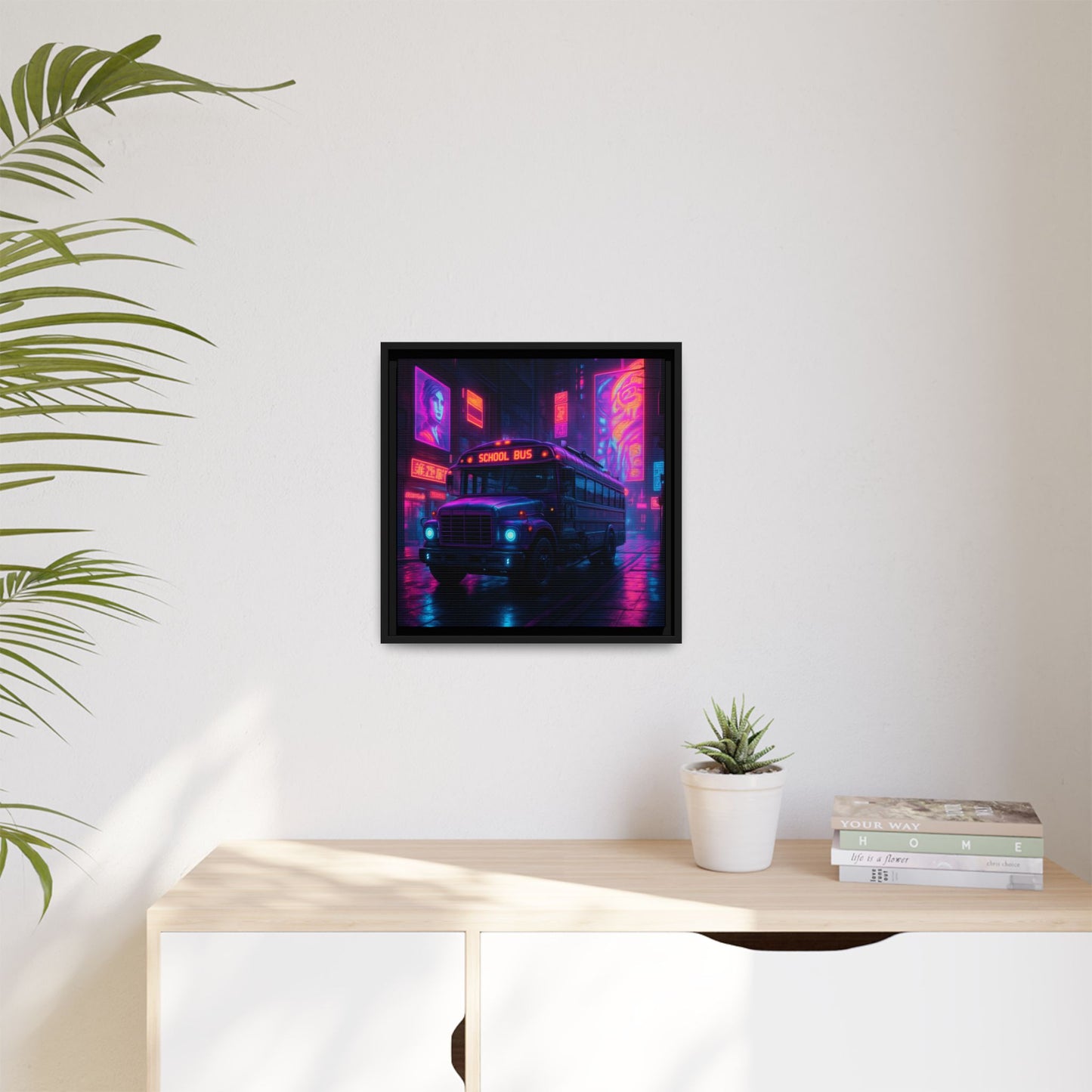 Neon School Bus City Framed Matte Canvas