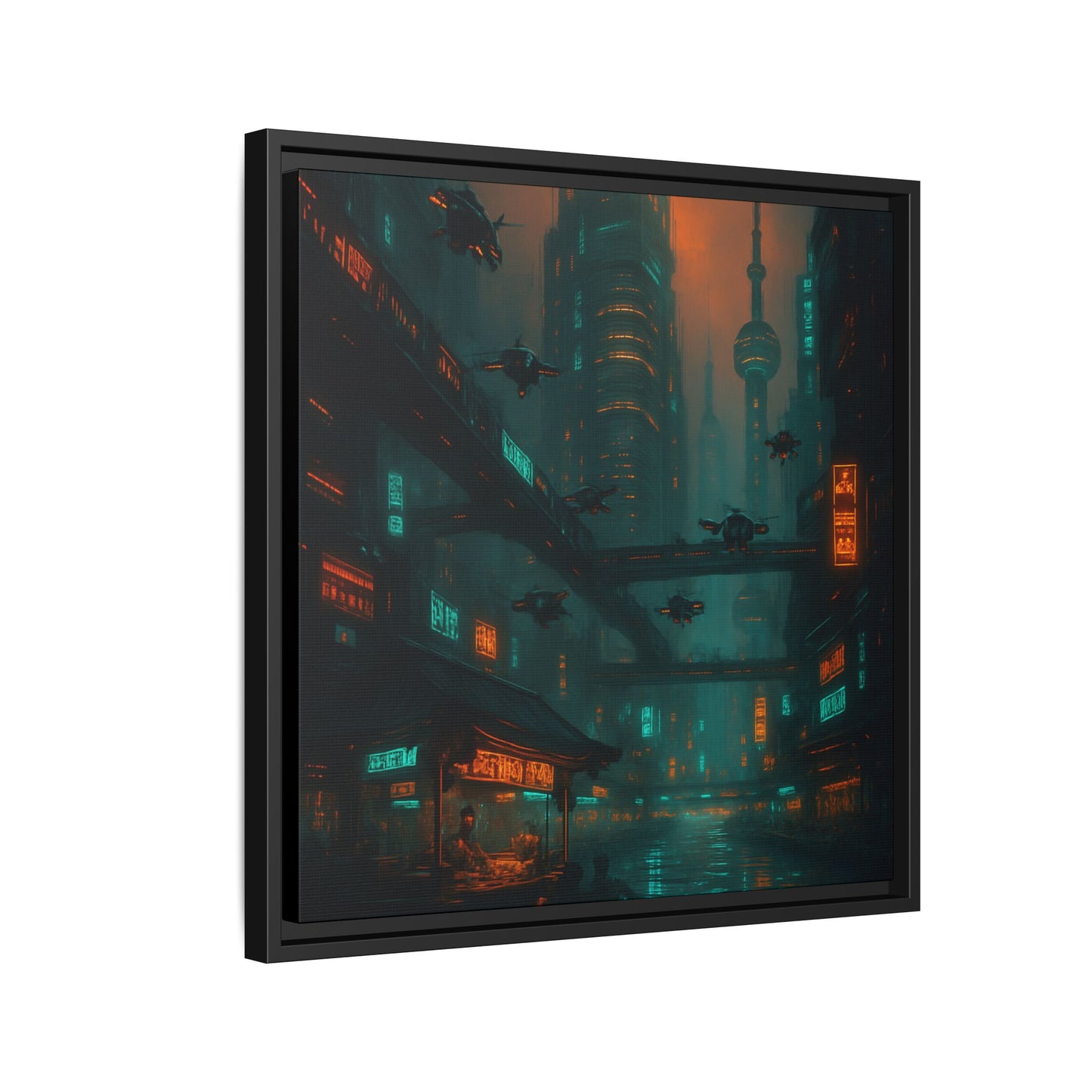 Neon Drone Cityscape Framed Matte Canvas