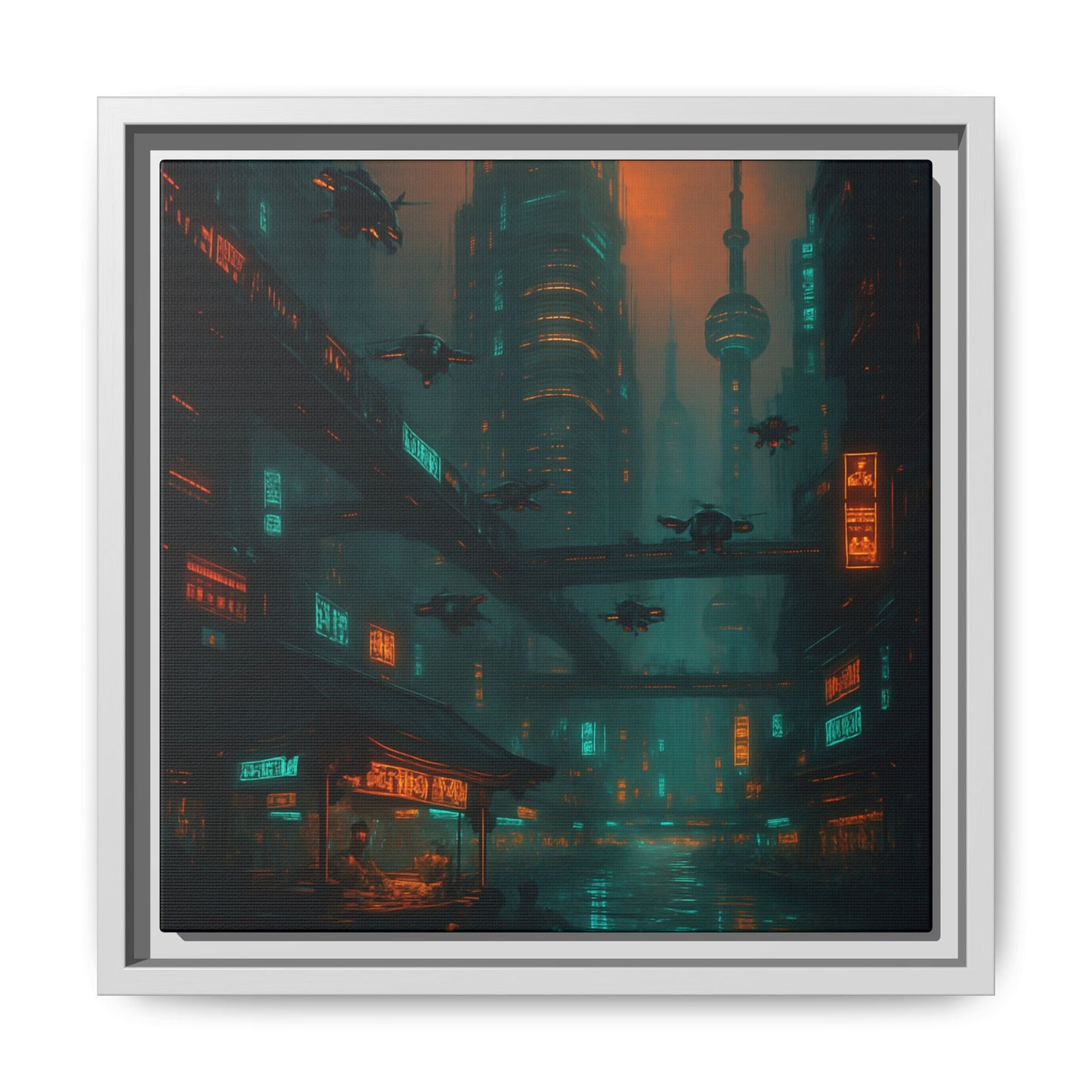 Neon Drone Cityscape Framed Matte Canvas