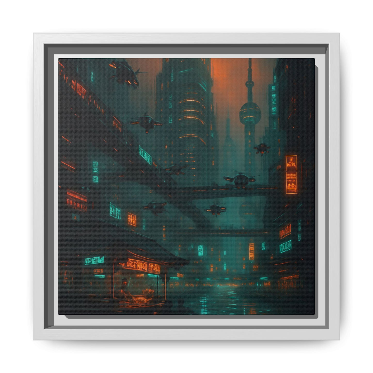 Neon Drone Cityscape Framed Matte Canvas