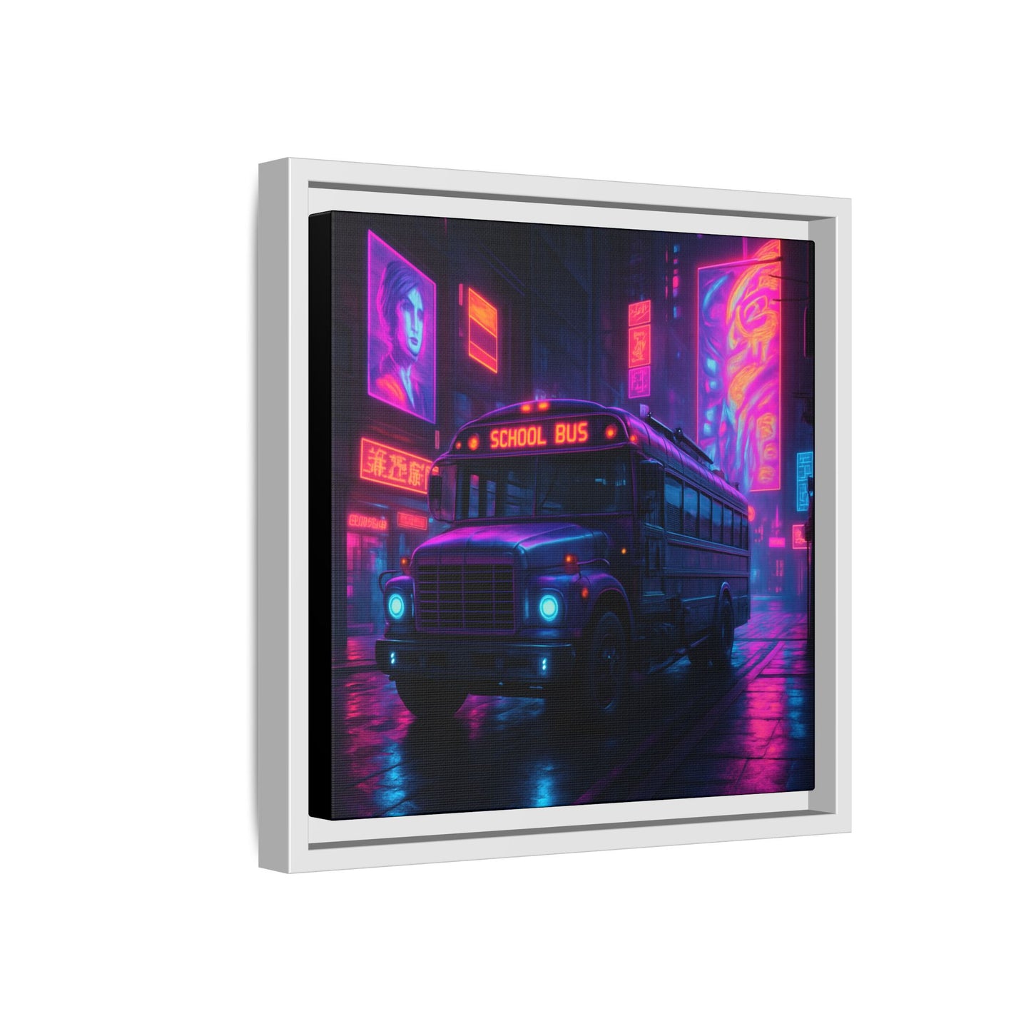 Neon School Bus City Framed Matte Canvas