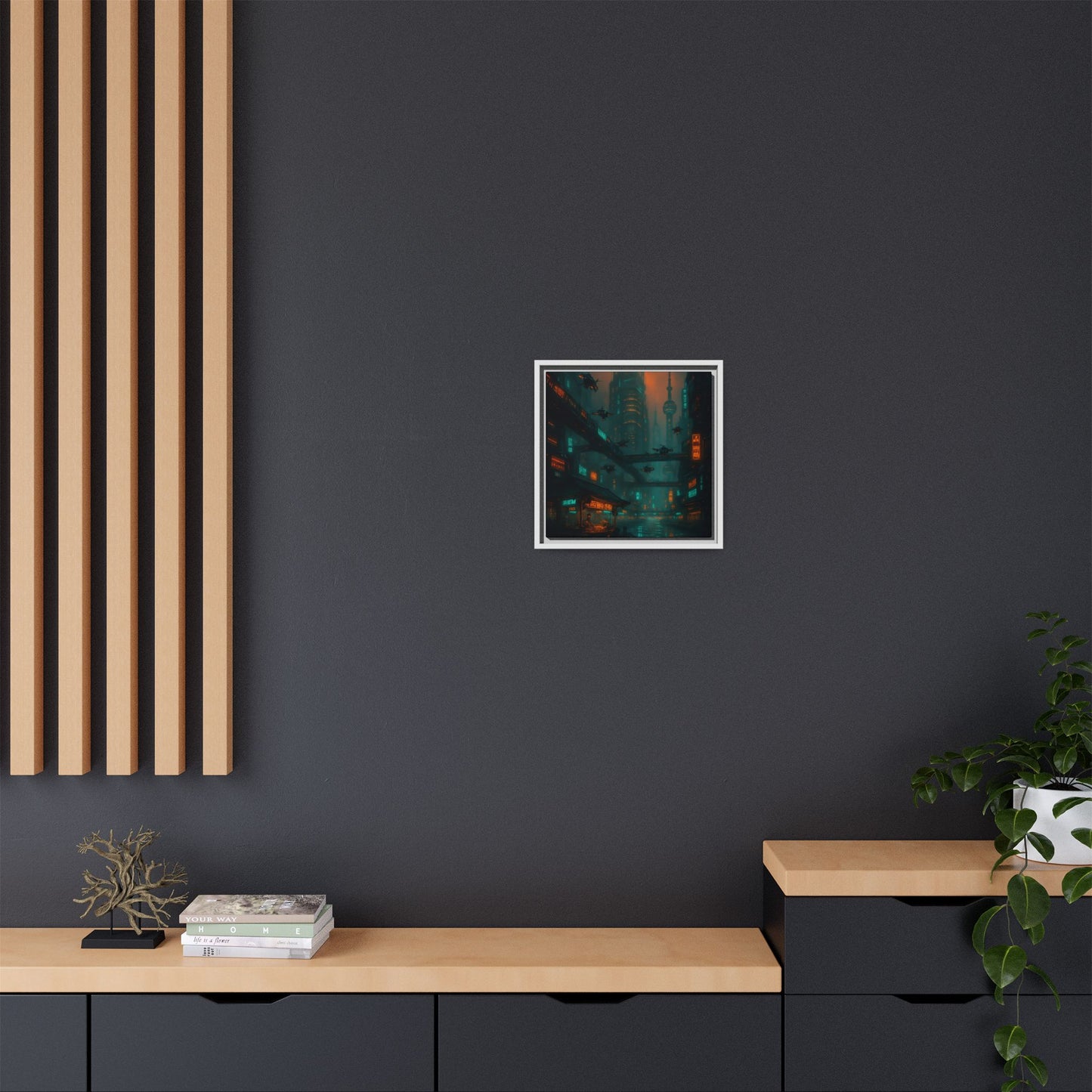 Neon Drone Cityscape Framed Matte Canvas