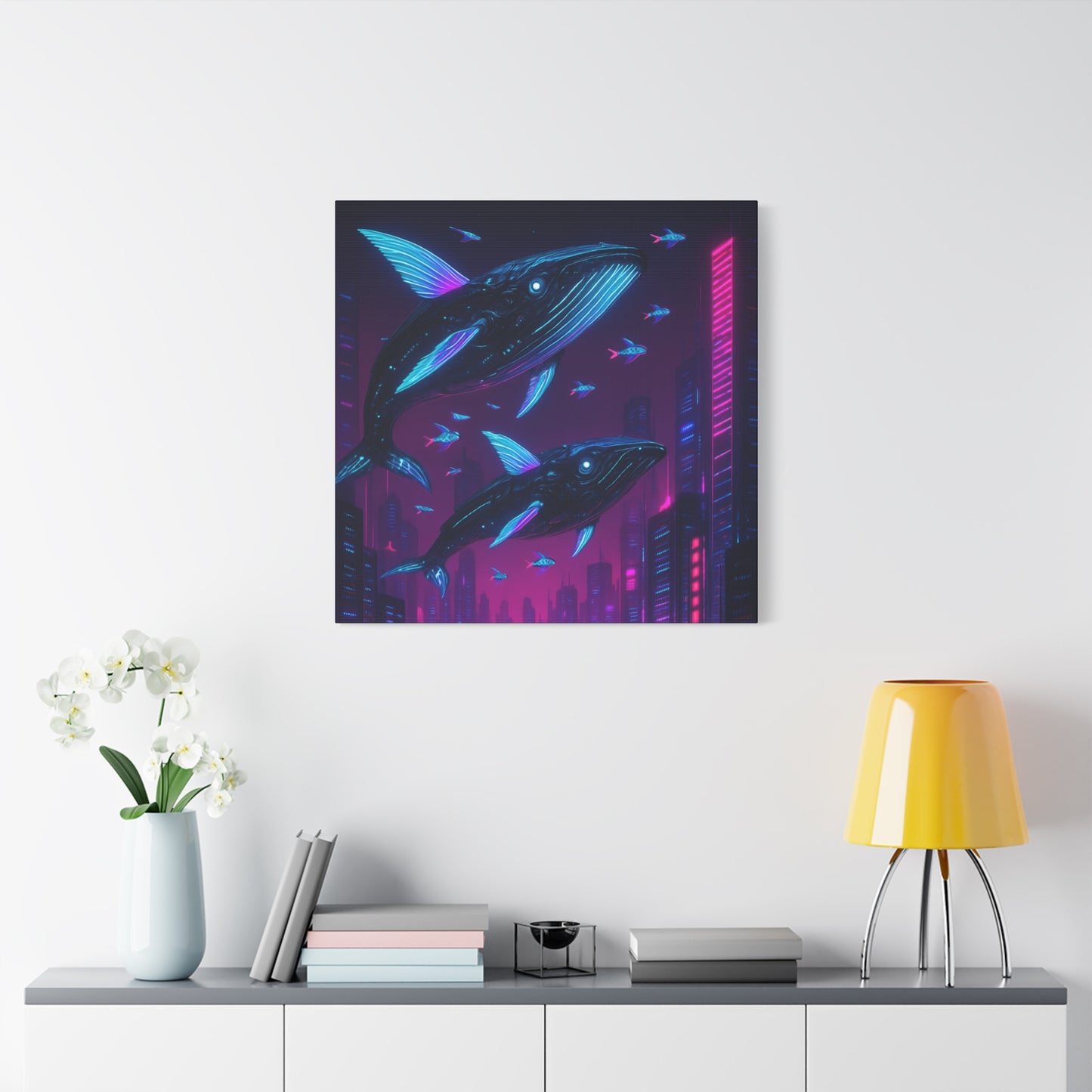 Neon Skyline Whales Matte Canvas