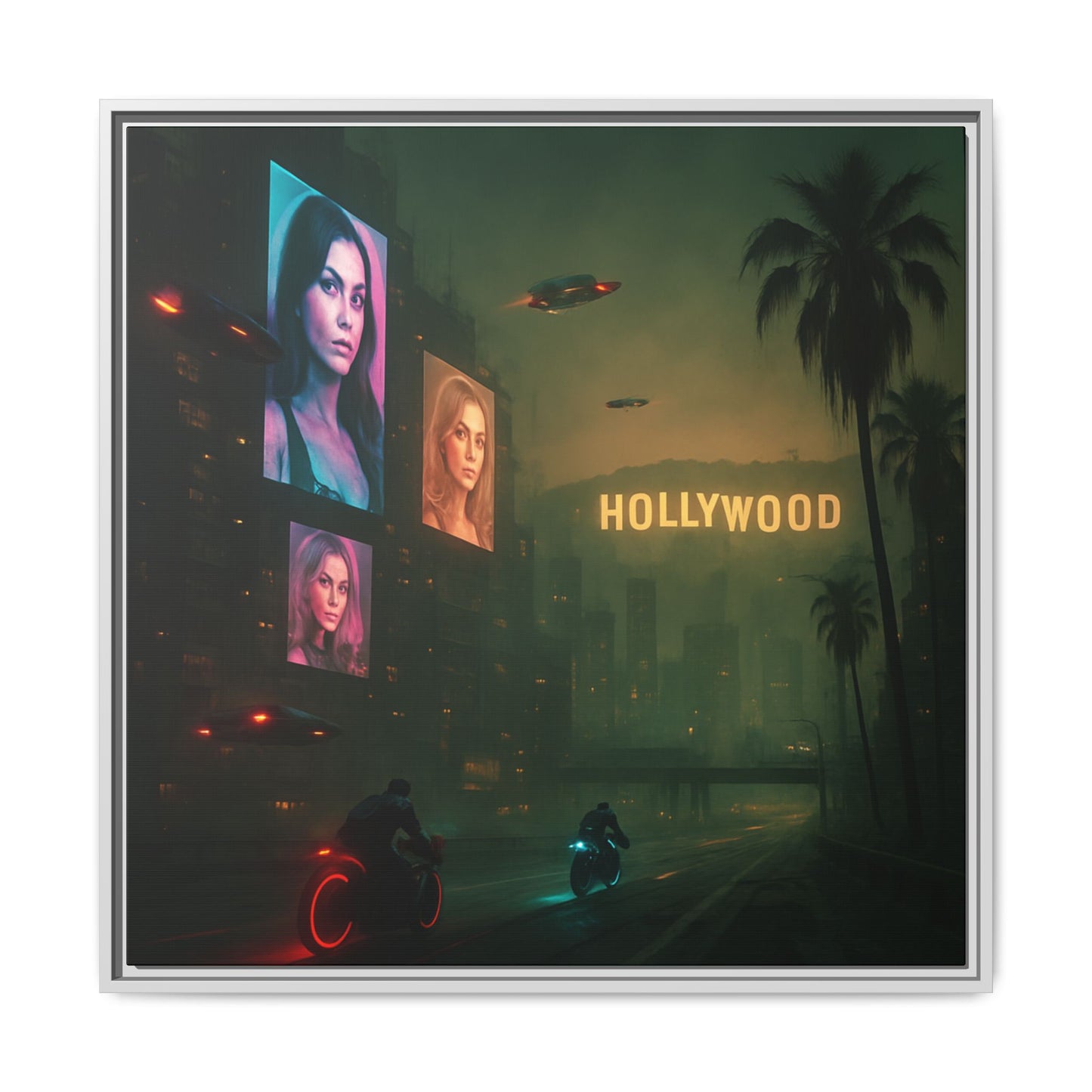 Neon Hollywood Nights Framed Matte Canvas