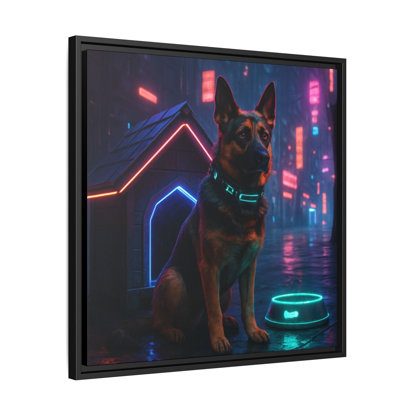 Neon City Dog Framed Matte Canvas
