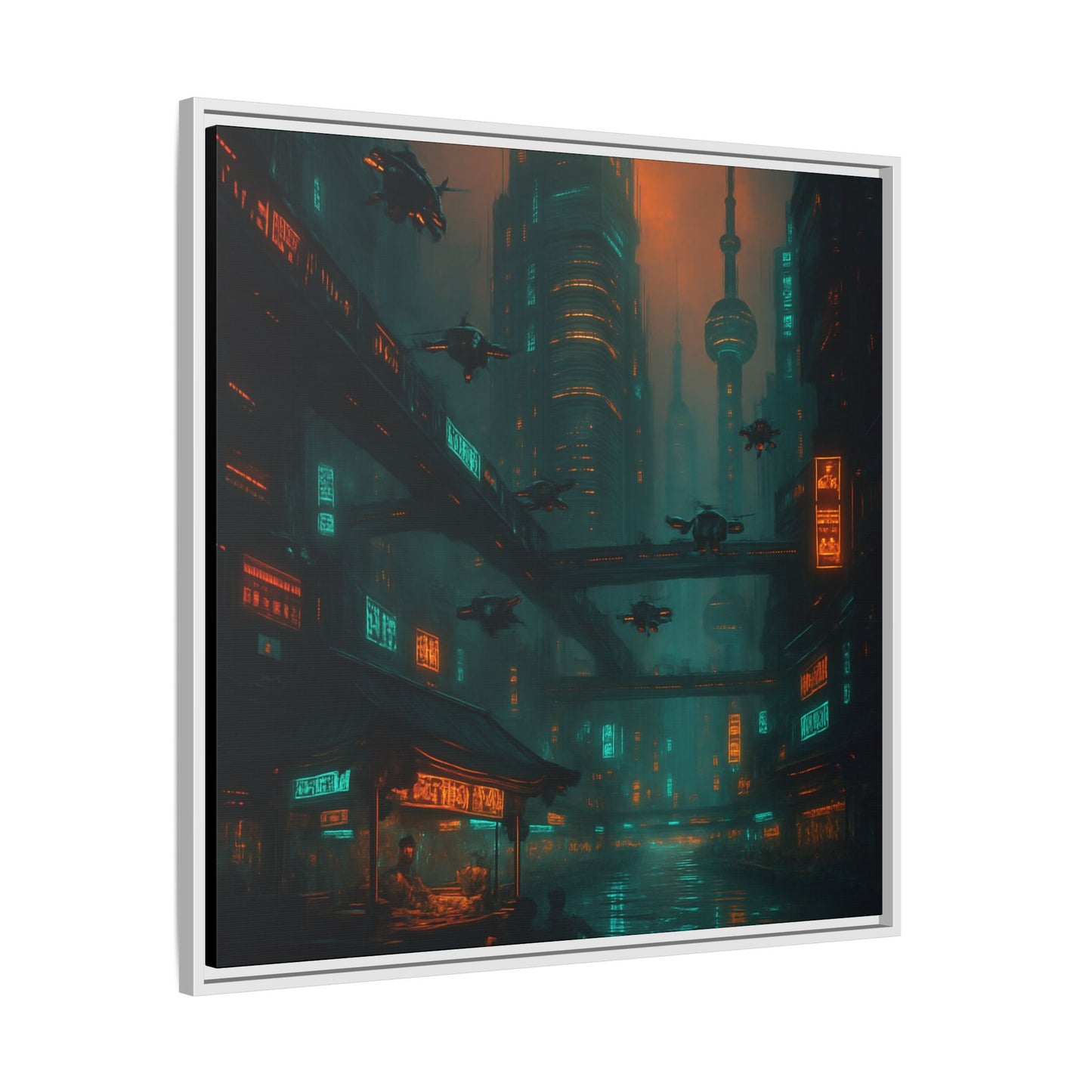 Neon Drone Cityscape Framed Matte Canvas