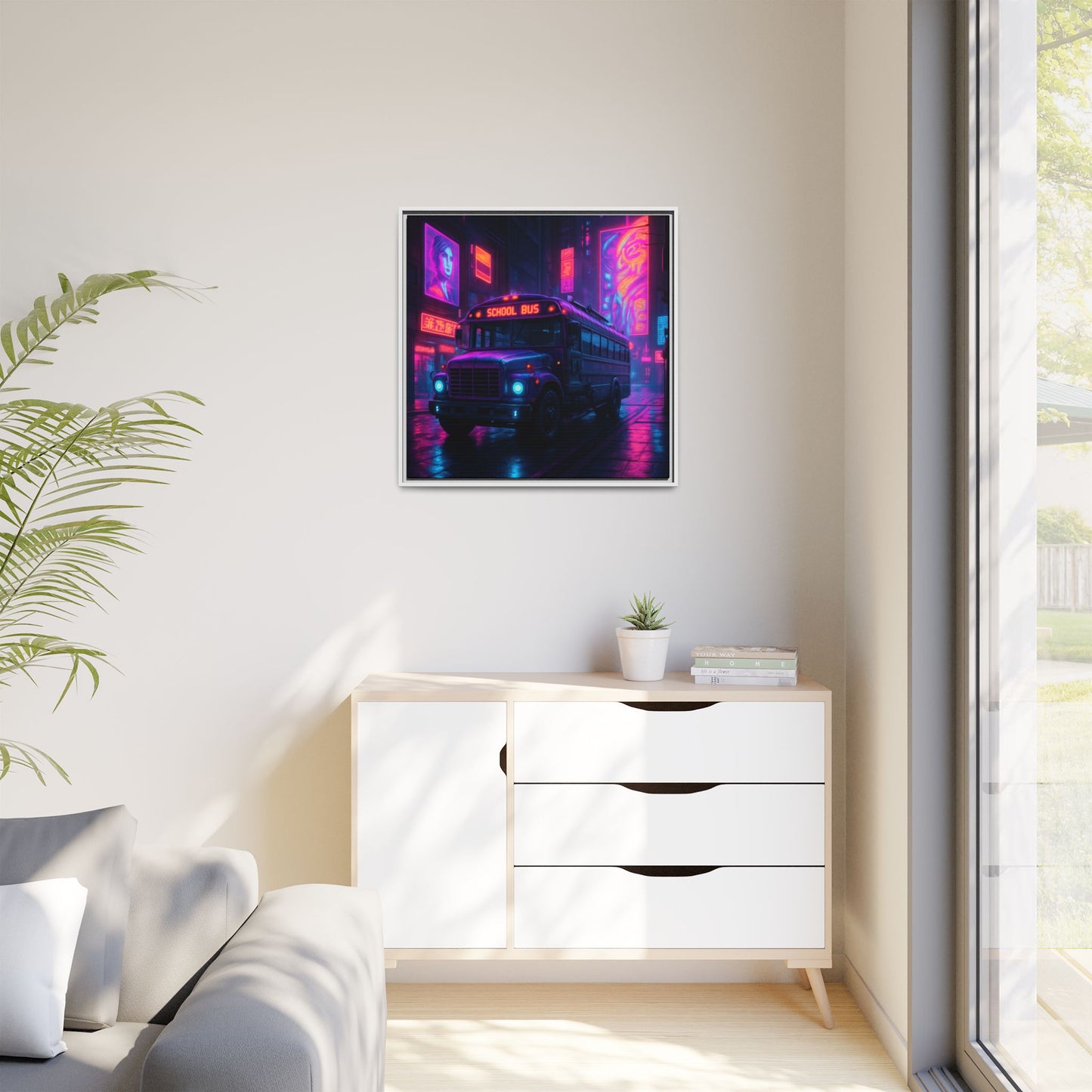 Neon School Bus City Framed Matte Canvas
