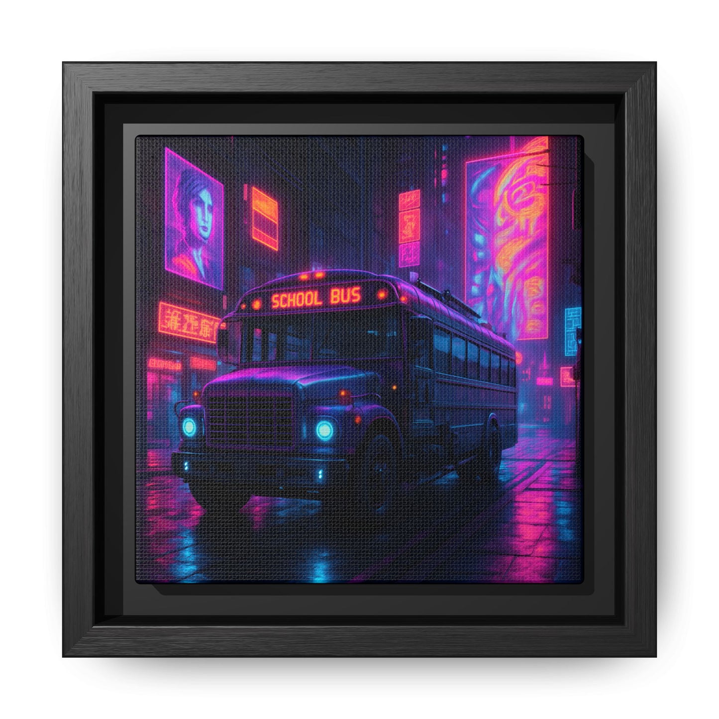 Neon School Bus City Framed Matte Canvas